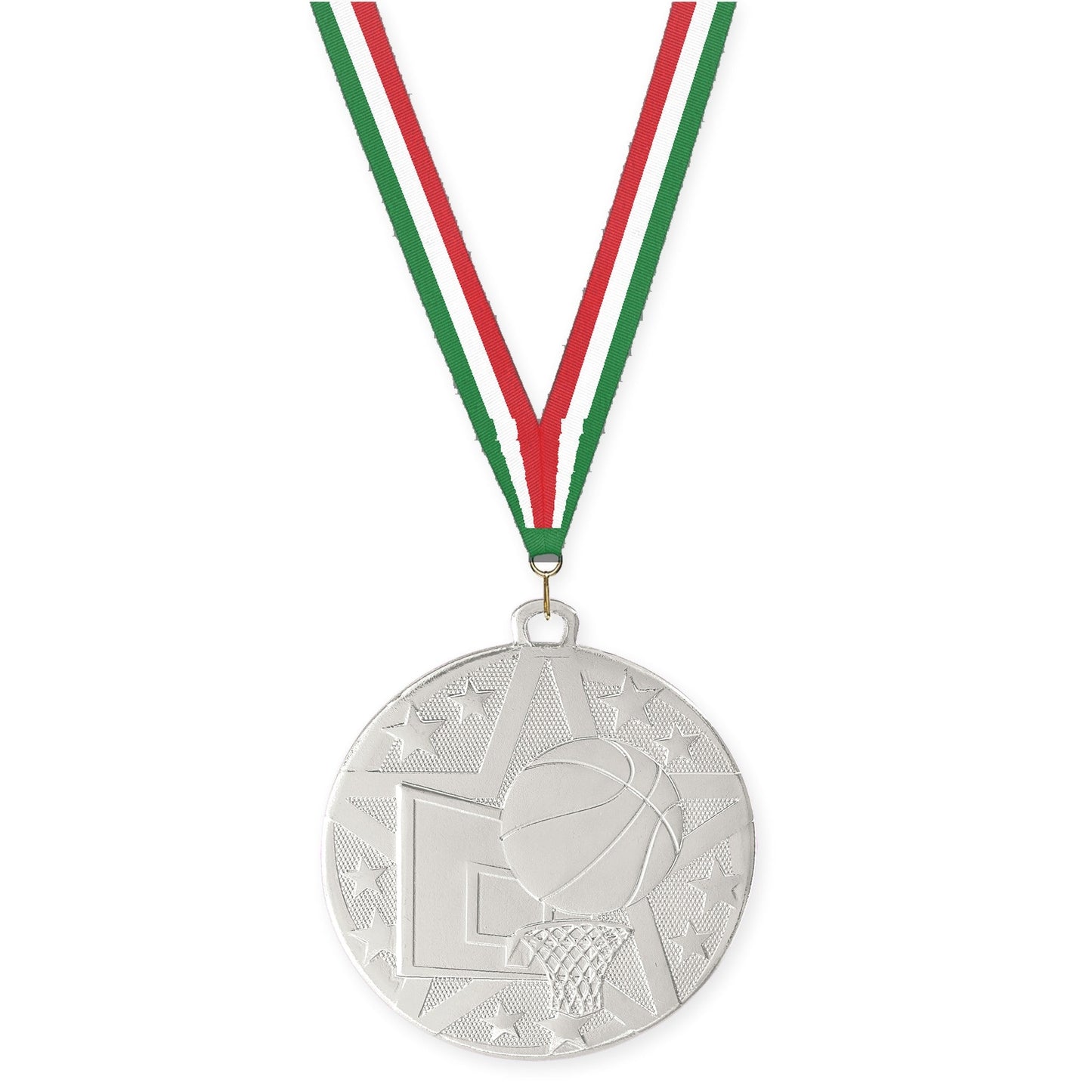 2 inch basketball Superstar medal in silver with Green White Red neck ribbon