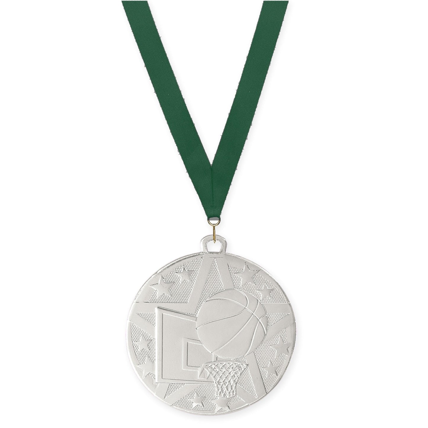 2 inch basketball Superstar medal in silver with Hunter Green neck ribbon