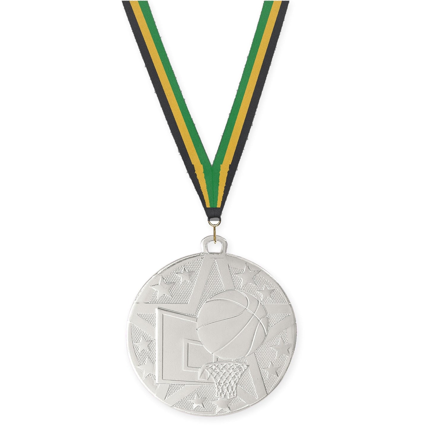 2 inch basketball Superstar medal in silver with Black Gold Green neck ribbon