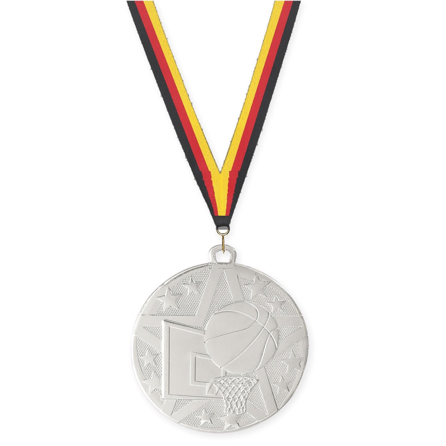 2 inch basketball Superstar medal in silver with Black Red Yellow neck ribbon