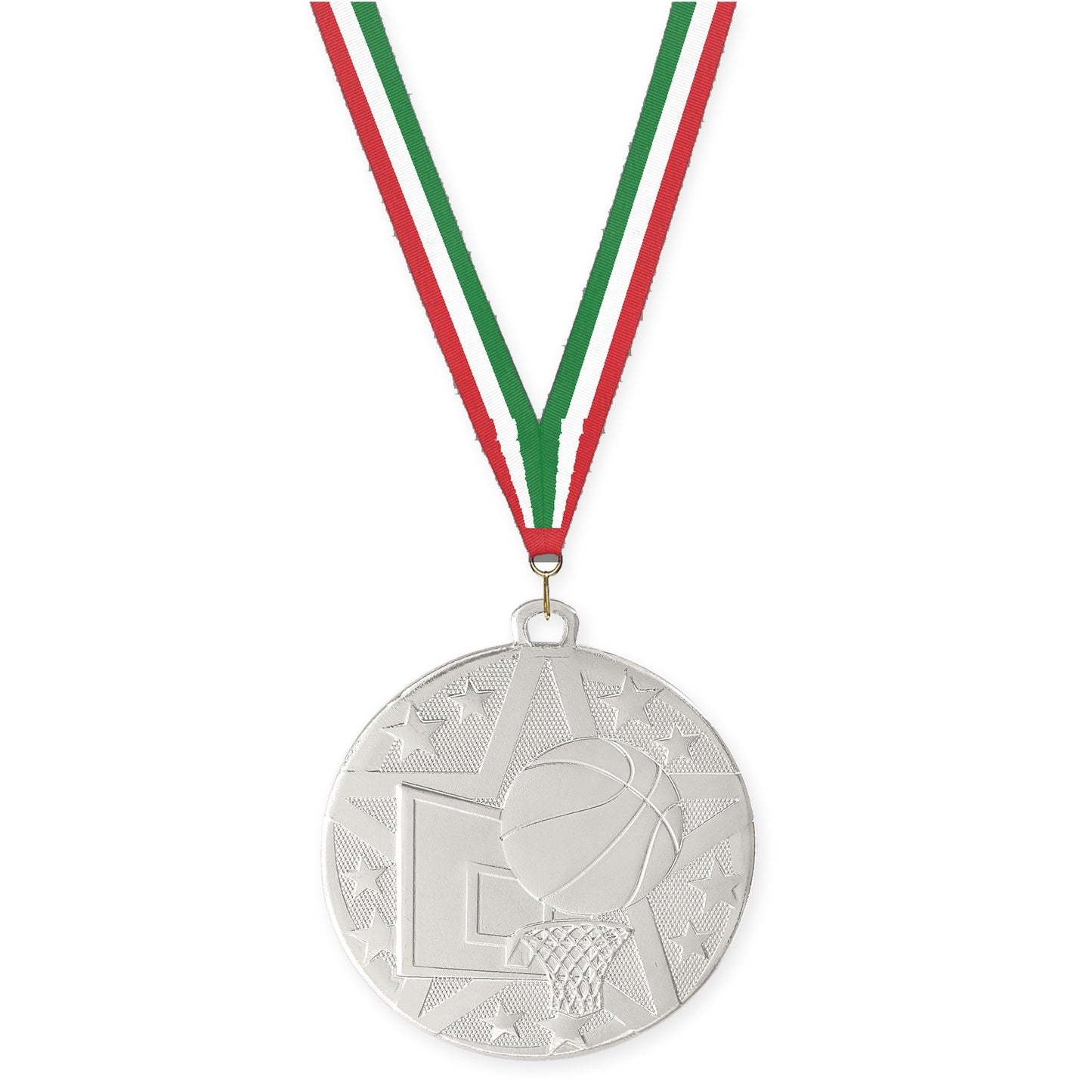 2 inch basketball Superstar medal in silver with Red White Green neck ribbon
