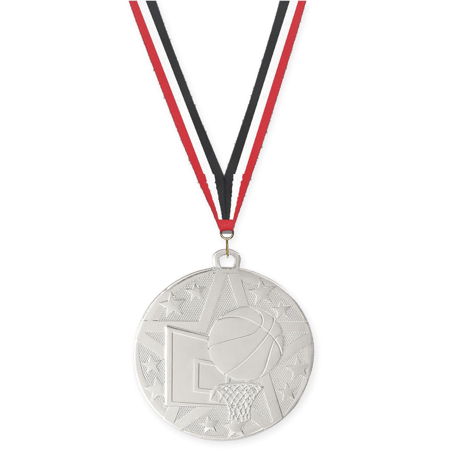 2 inch basketball Superstar medal in silver with Red White Black neck ribbon