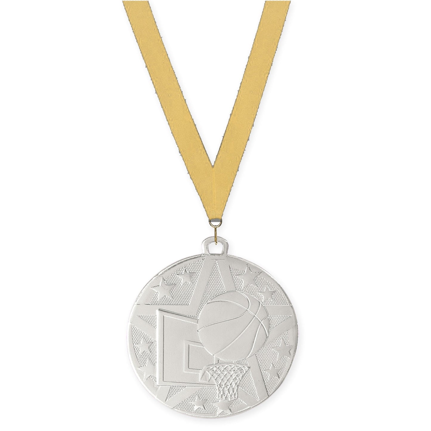 2 inch basketball Superstar medal in silver with Gold Metallic neck ribbon