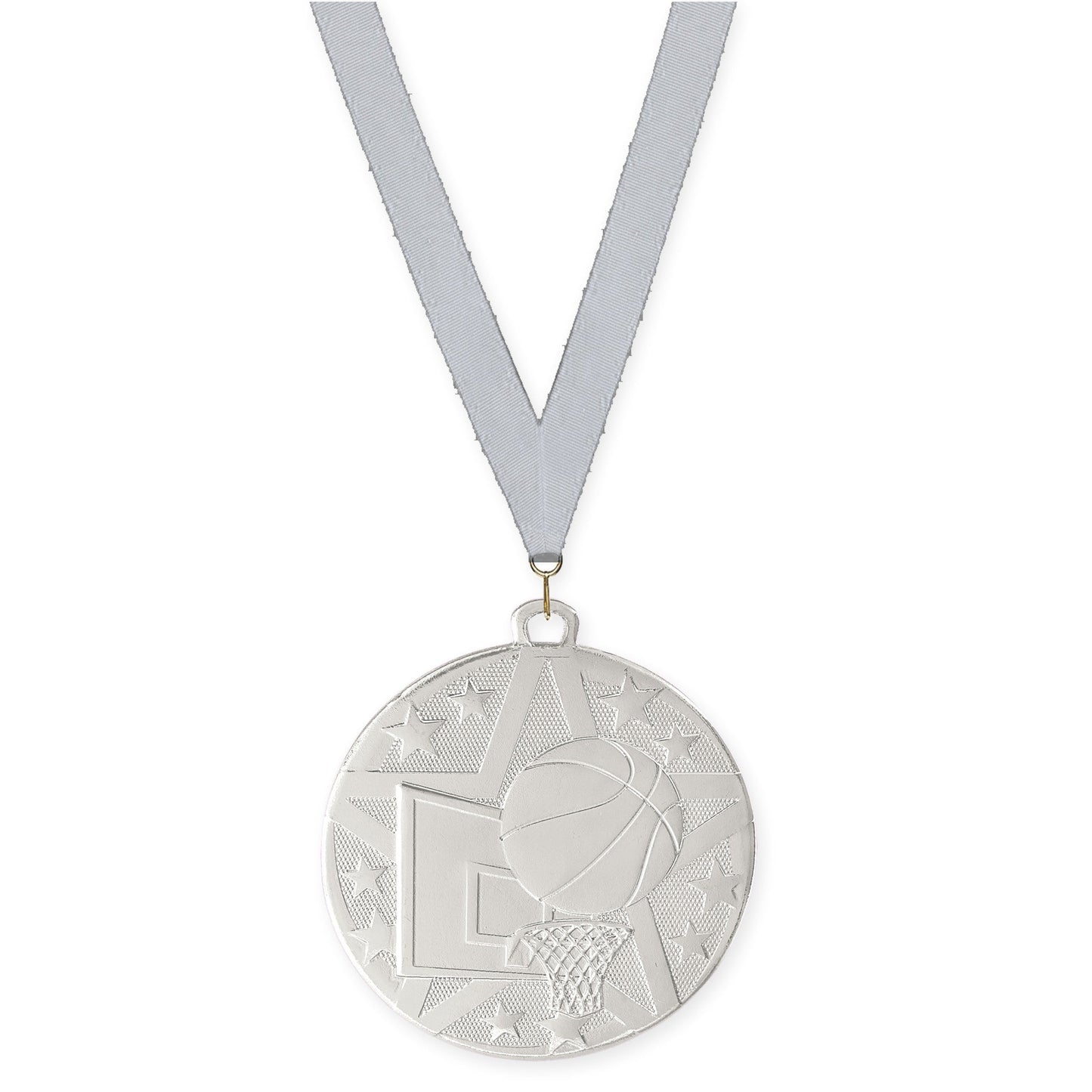 2 inch basketball Superstar medal in silver with Silver Metallic neck ribbon