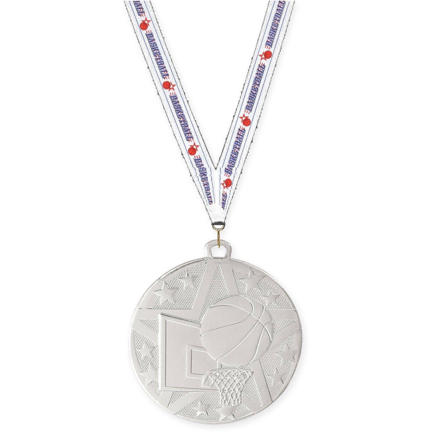 2 inch basketball Superstar medal in silver with Basketball neck ribbon