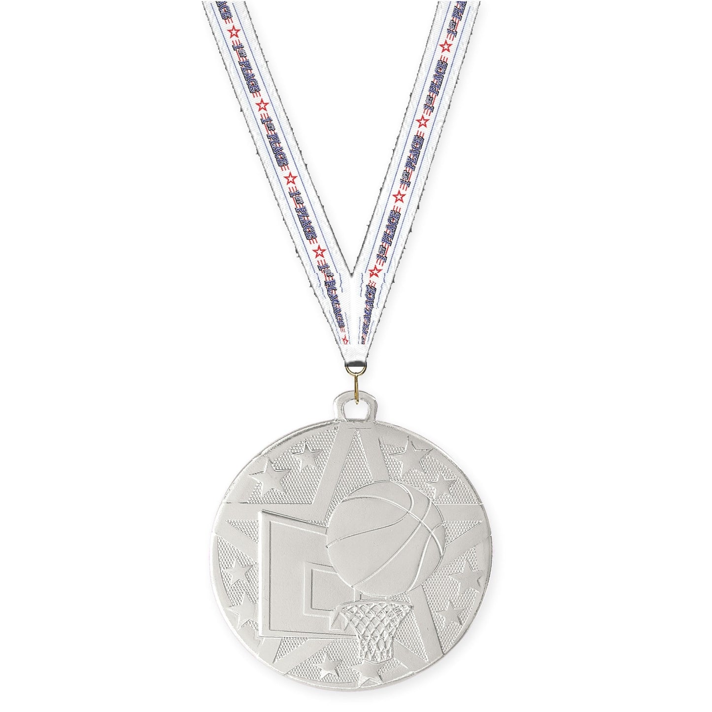2 inch basketball Superstar medal in silver with 1st Place neck ribbon