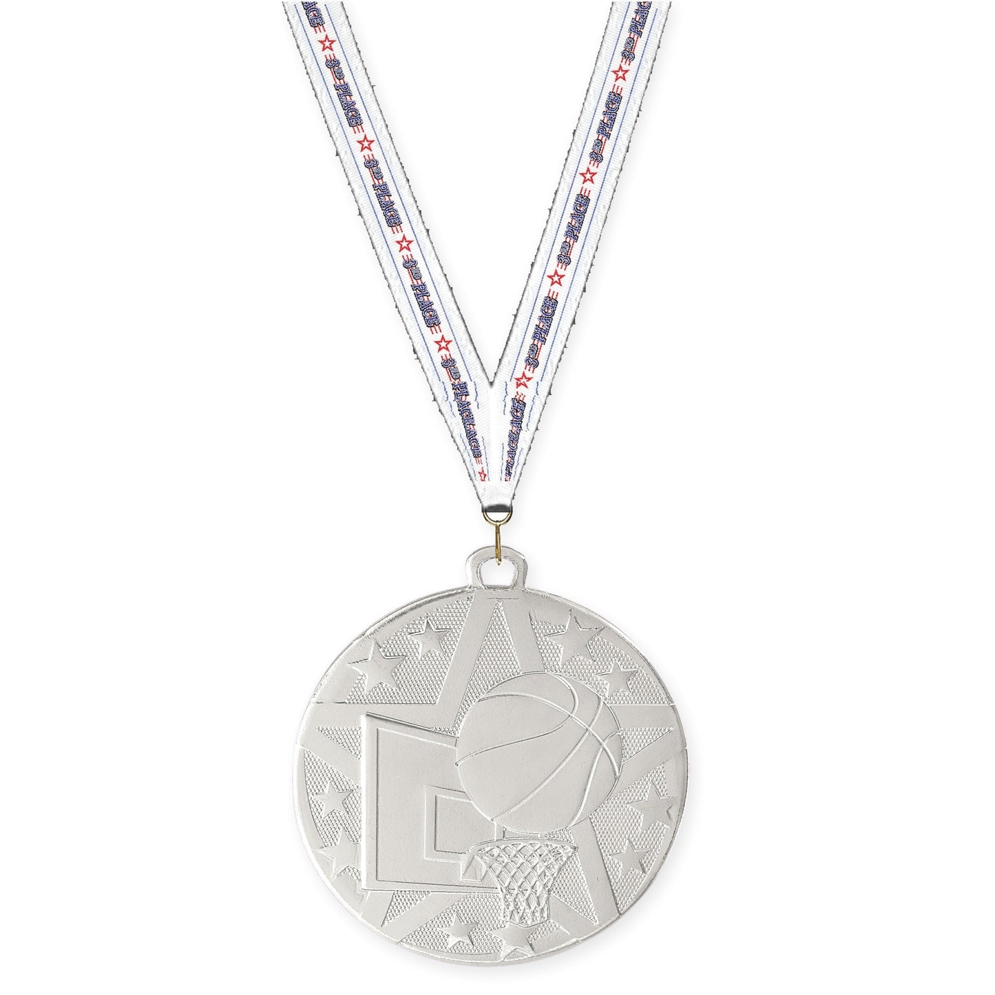 2 inch basketball Superstar medal in silver with 3rd Place neck ribbon