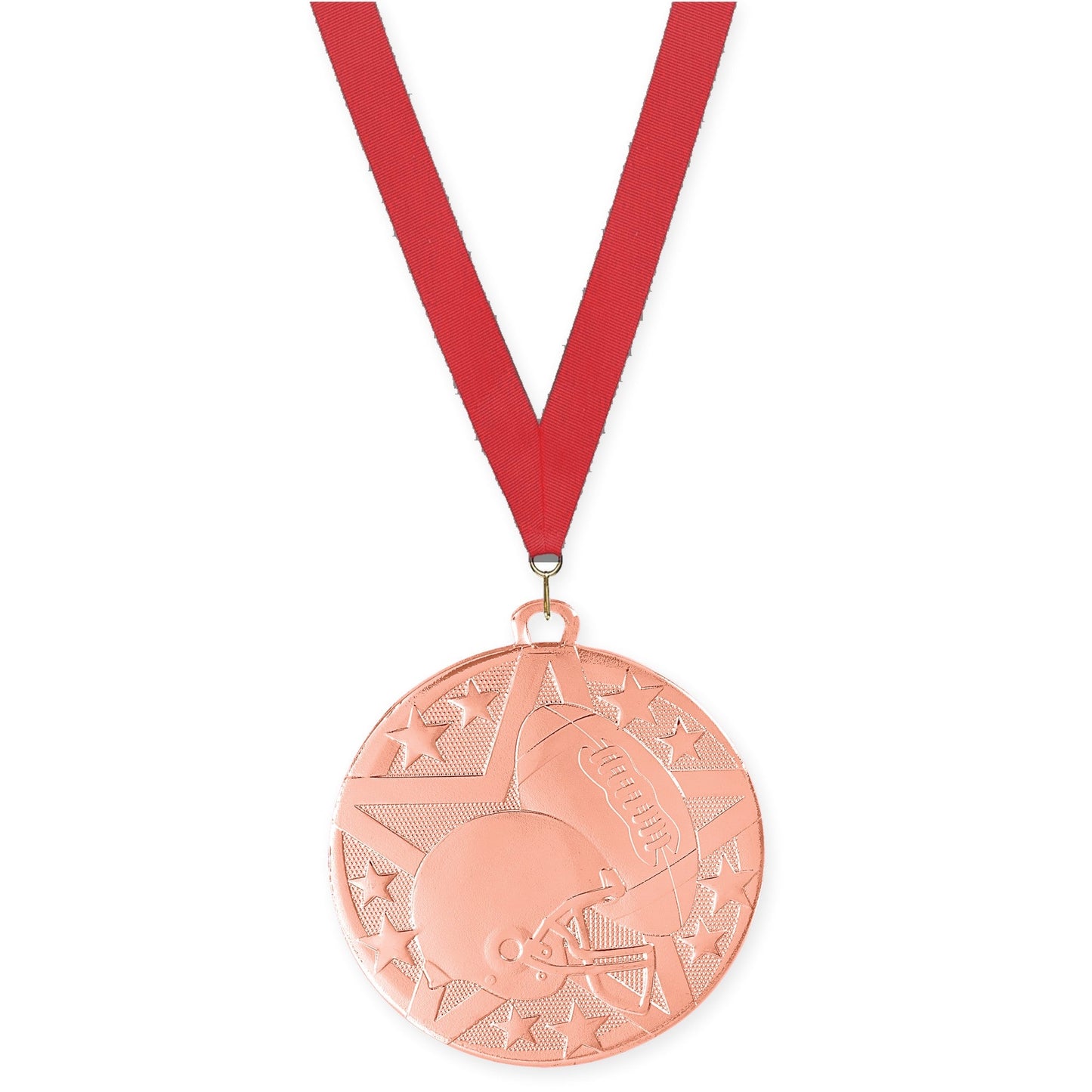 2 inch football Superstar medal in bright bronze with Red neck ribbon