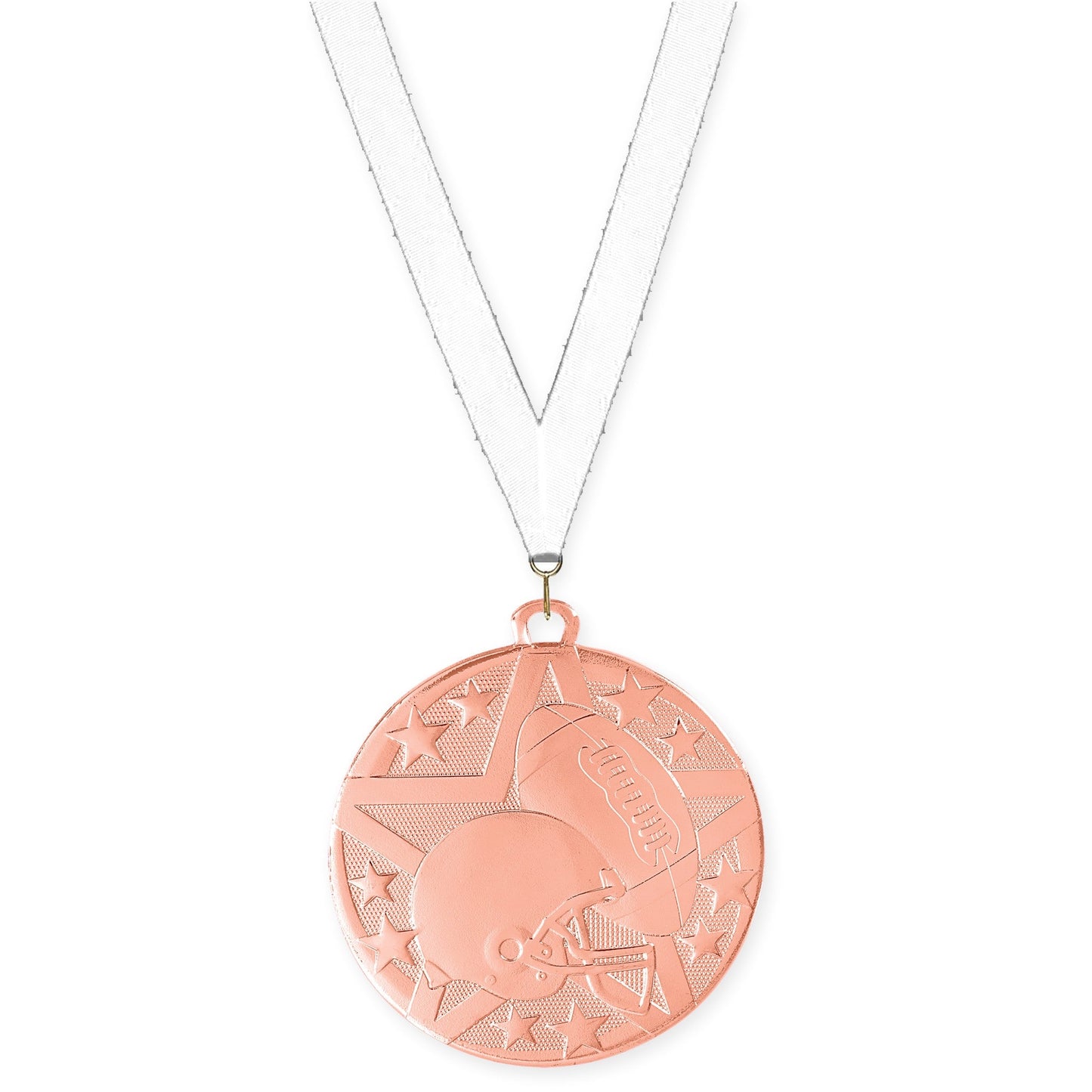 2 inch football Superstar medal in bright bronze with White neck ribbon