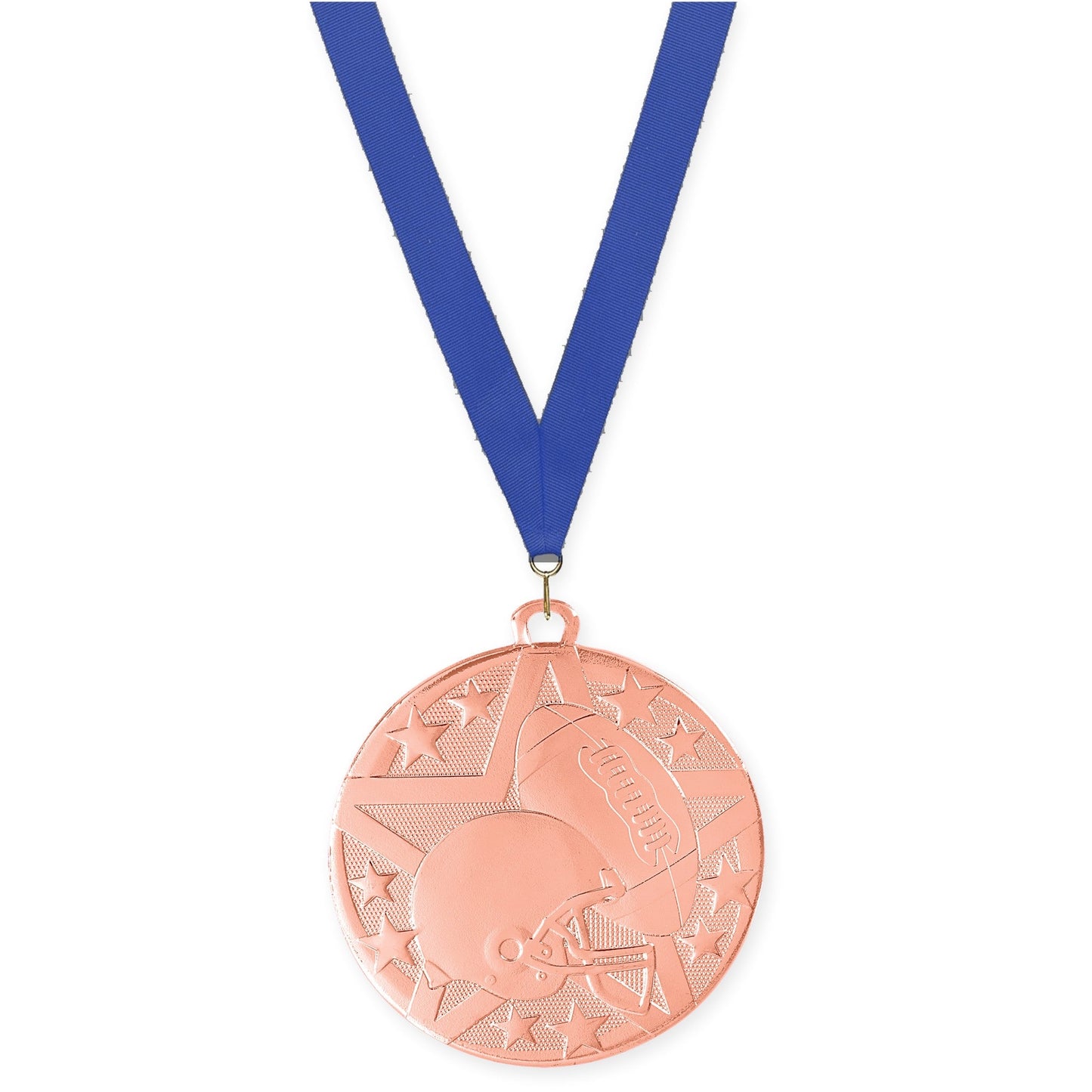 2 inch football Superstar medal in bright bronze with Blue neck ribbon