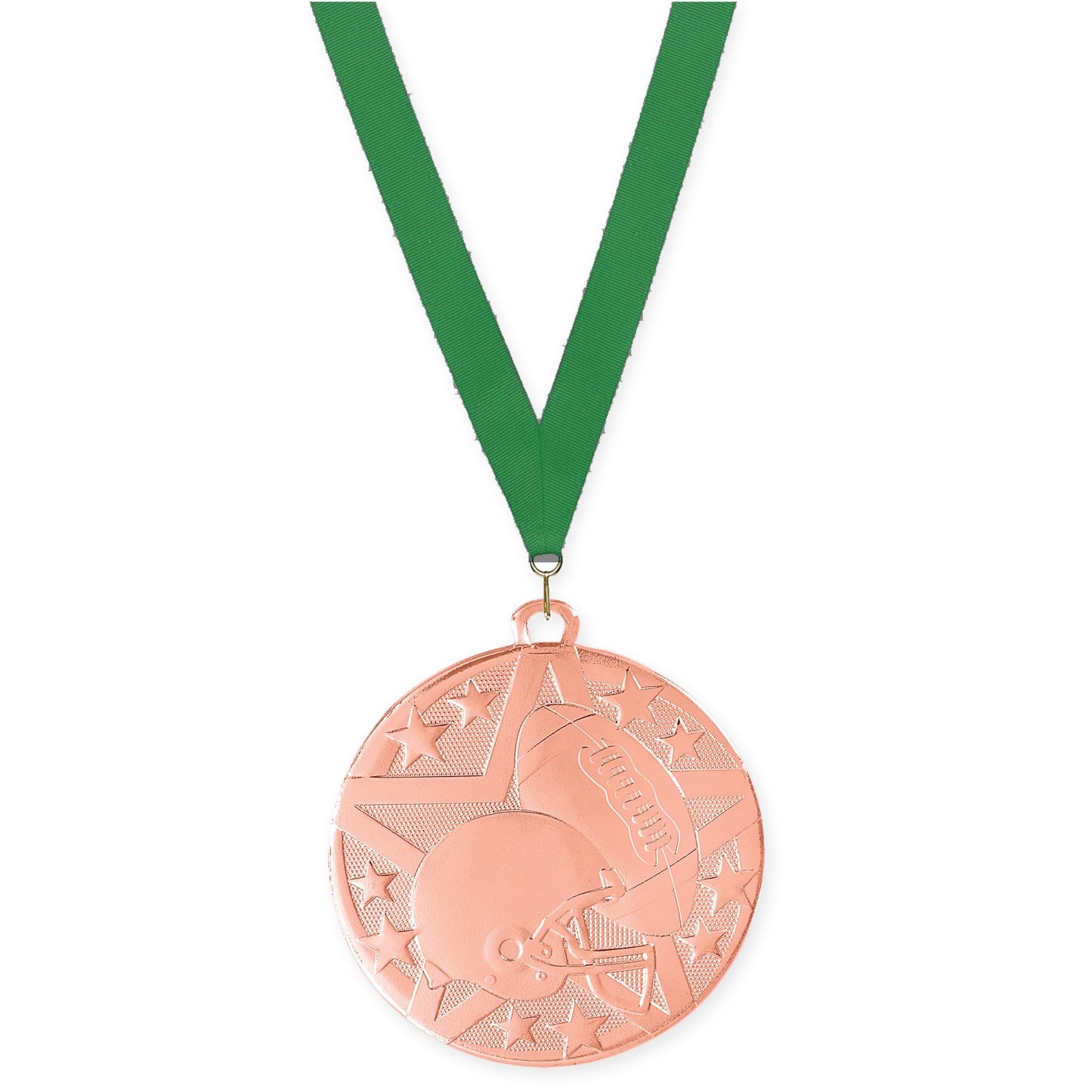 2 inch football Superstar medal in bright bronze with Green neck ribbon