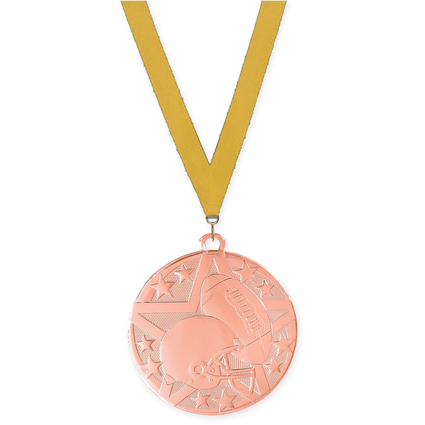 2 inch football Superstar medal in bright bronze with Gold neck ribbon