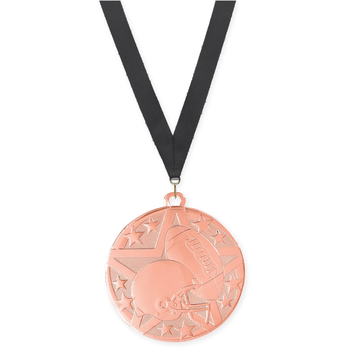 2 inch football Superstar medal in bright bronze with Black neck ribbon