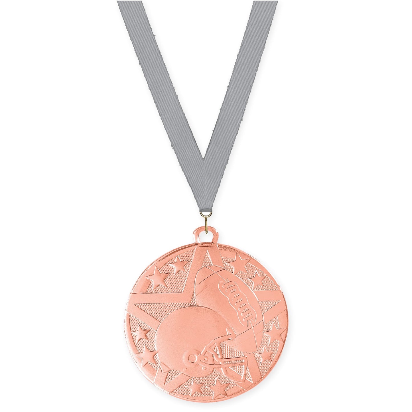 2 inch football Superstar medal in bright bronze with Gray neck ribbon