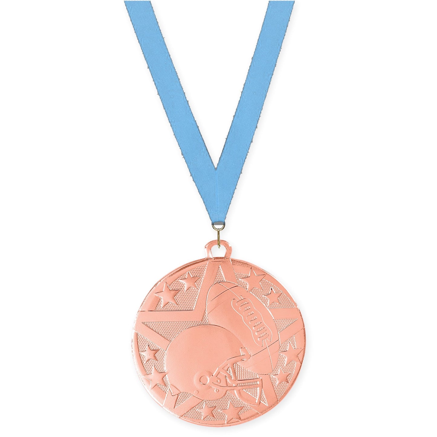 2 inch football Superstar medal in bright bronze with Light Blue neck ribbon