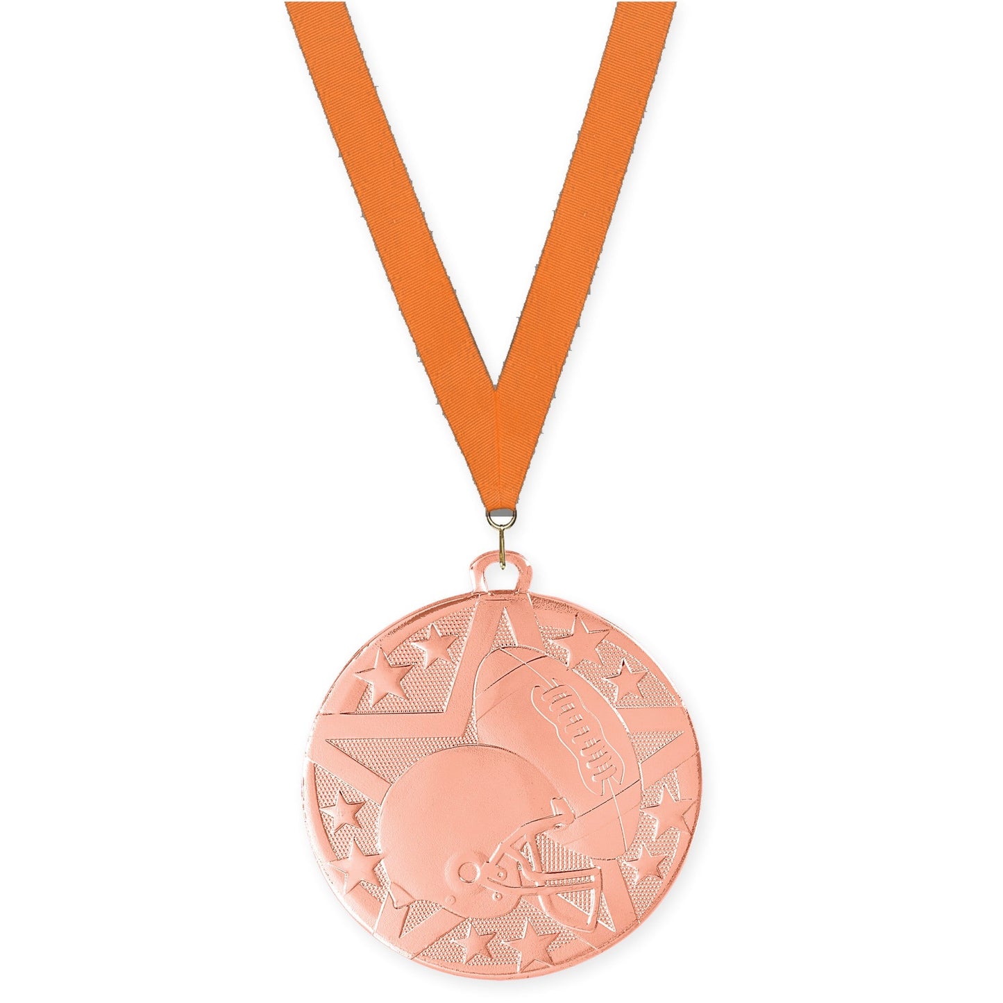 2 inch football Superstar medal in bright bronze with Orange neck ribbon