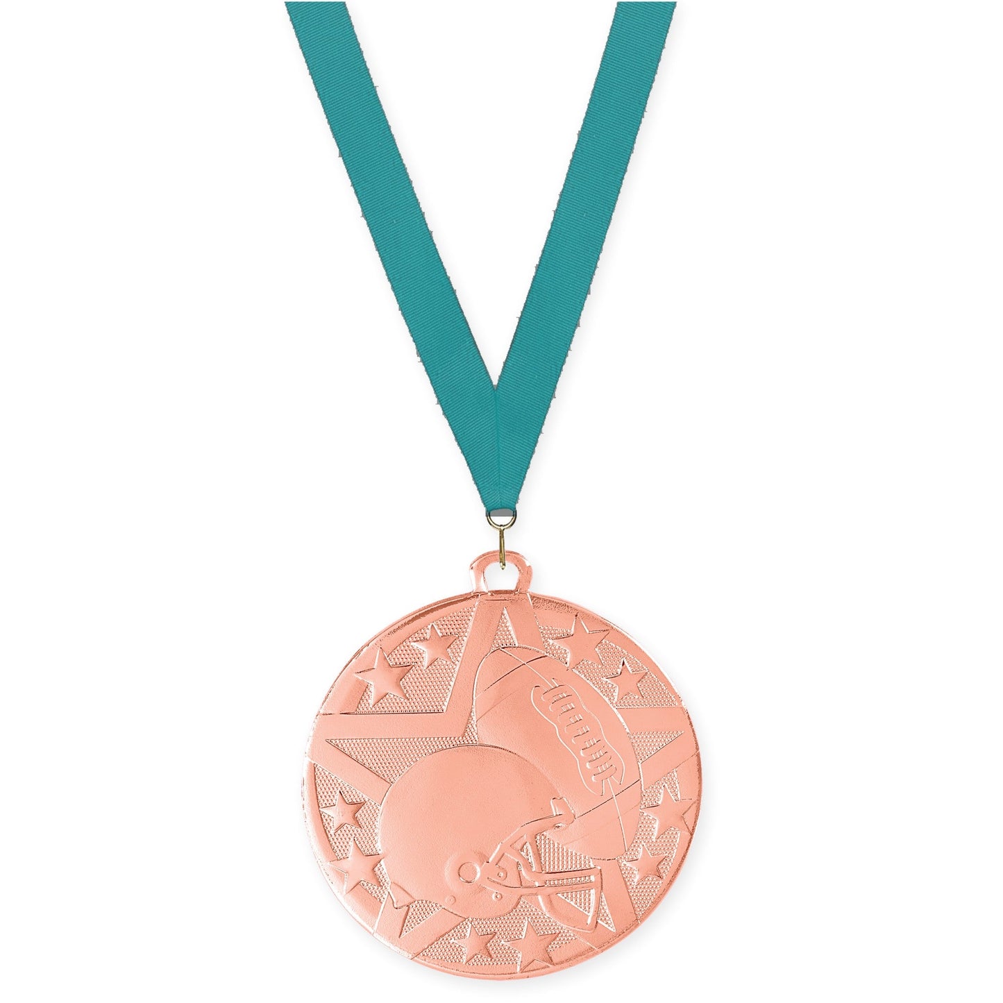 2 inch football Superstar medal in bright bronze with Teal neck ribbon