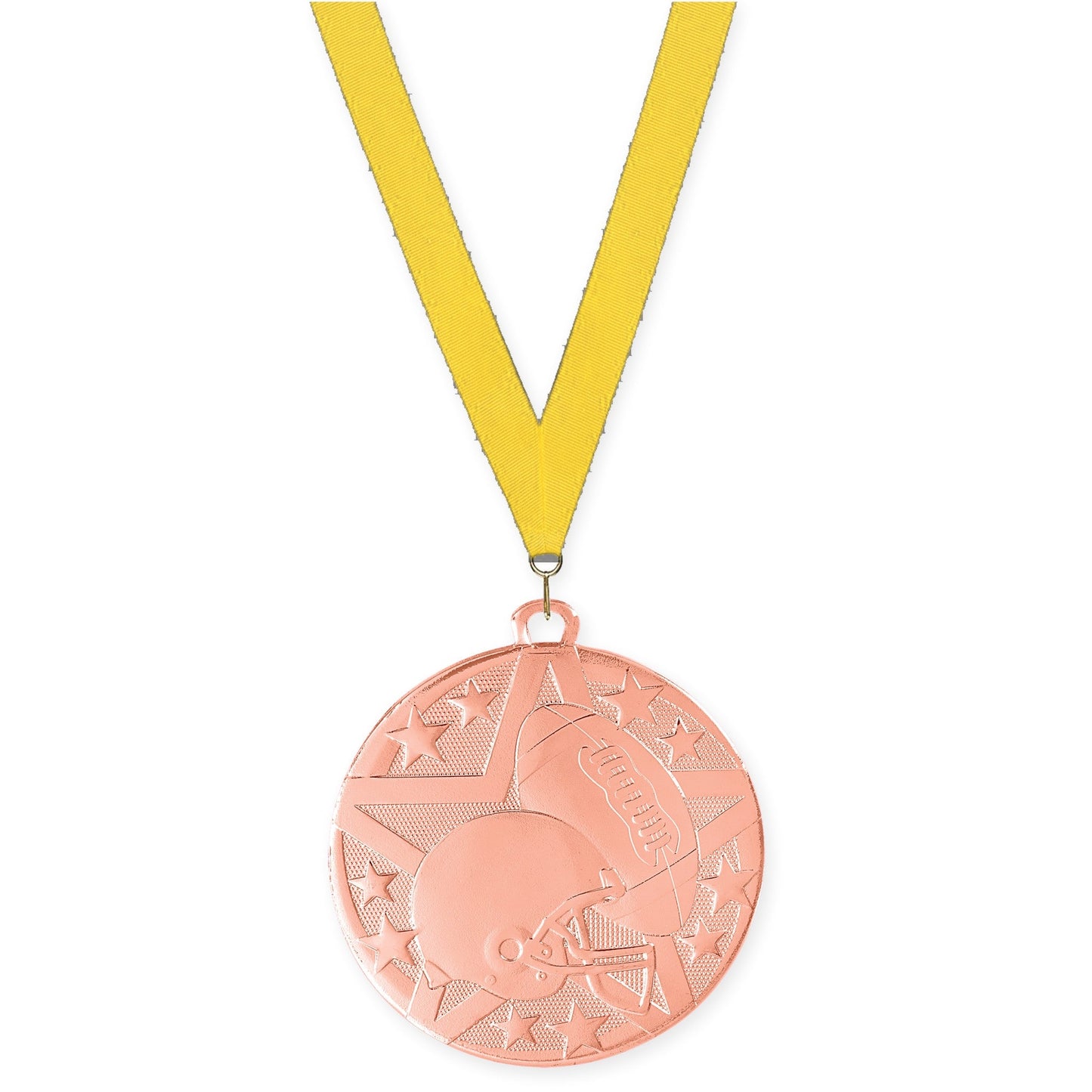 2 inch football Superstar medal in bright bronze with Yellow neck ribbon
