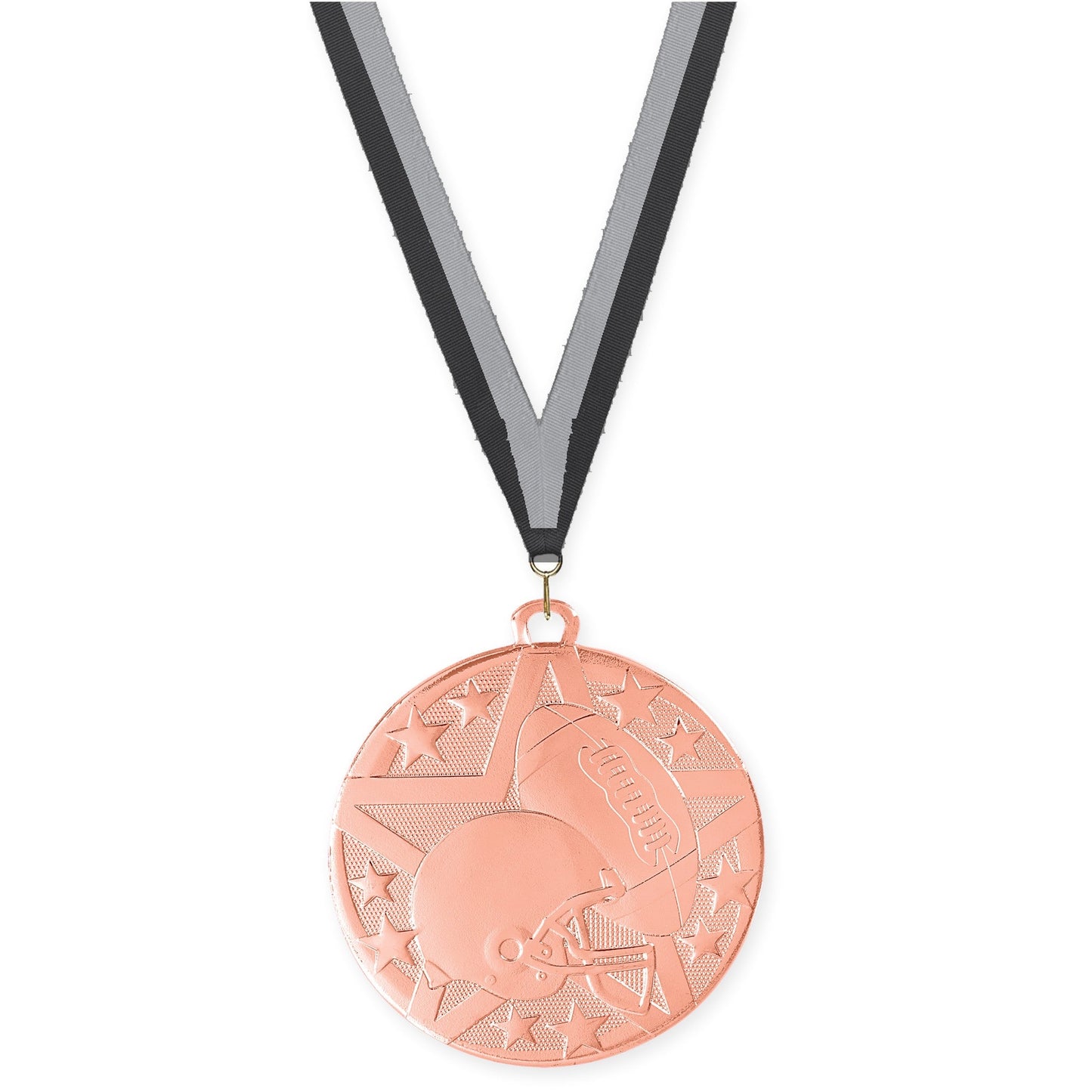 2 inch football Superstar medal in bright bronze with Black Gray neck ribbon