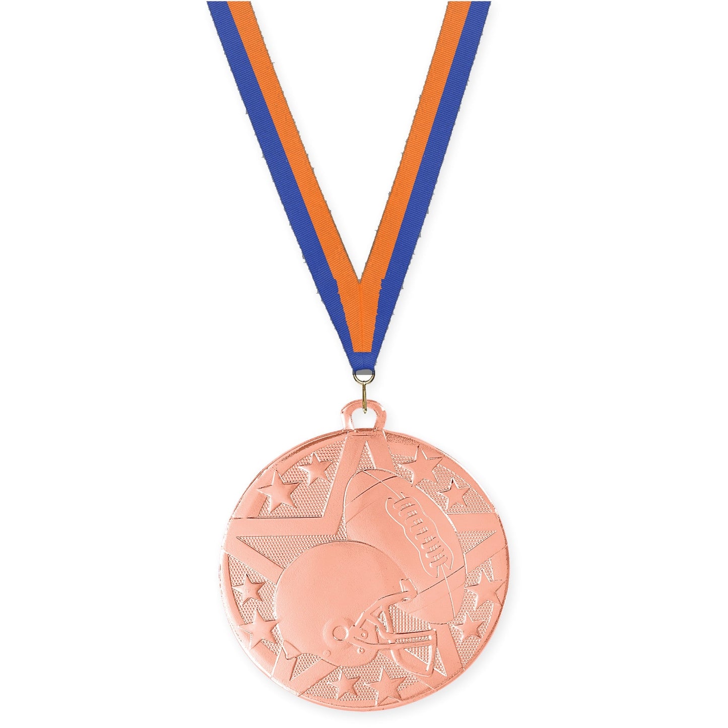 2 inch football Superstar medal in bright bronze with Blue Orange neck ribbon