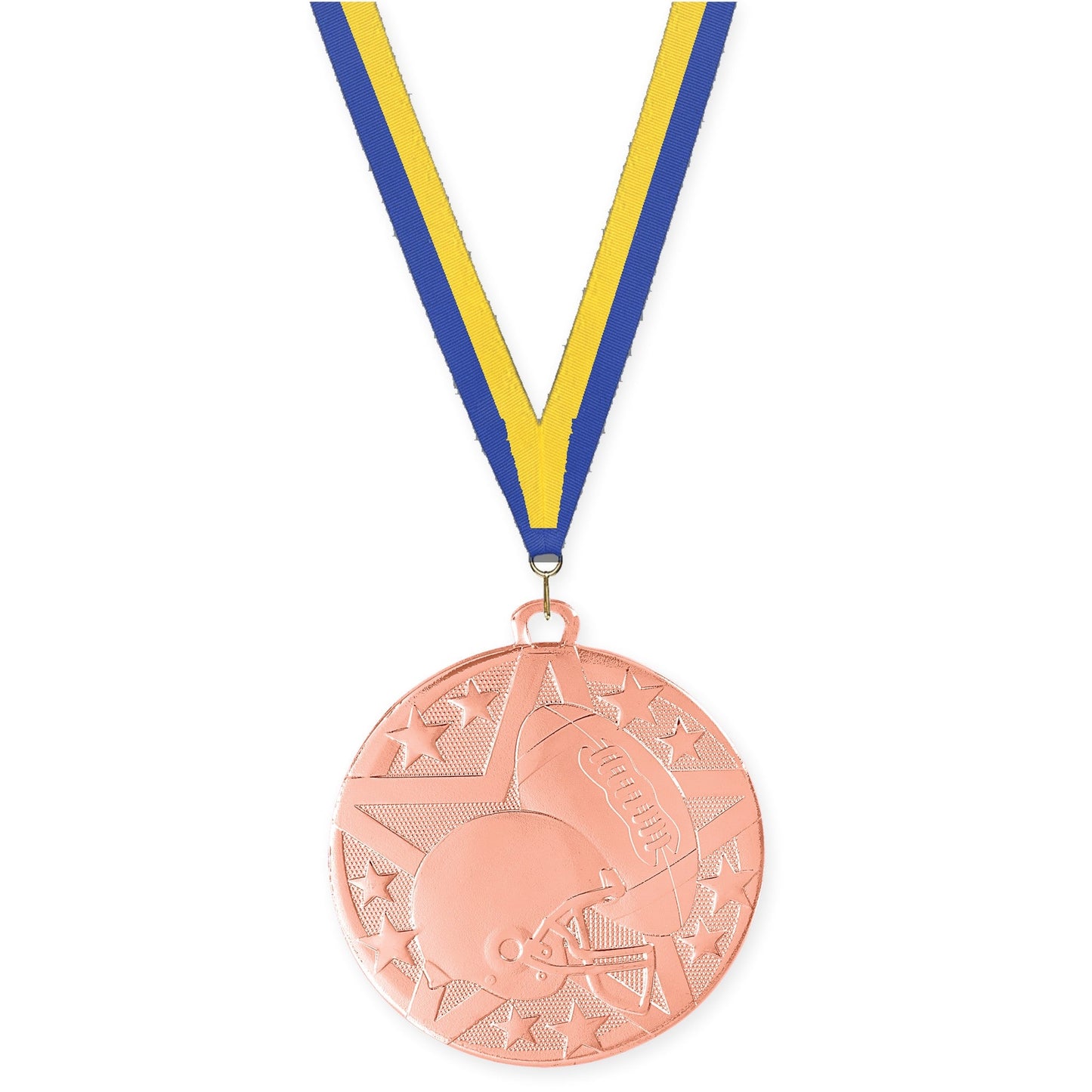 2 inch football Superstar medal in bright bronze with Blue Yellow neck ribbon