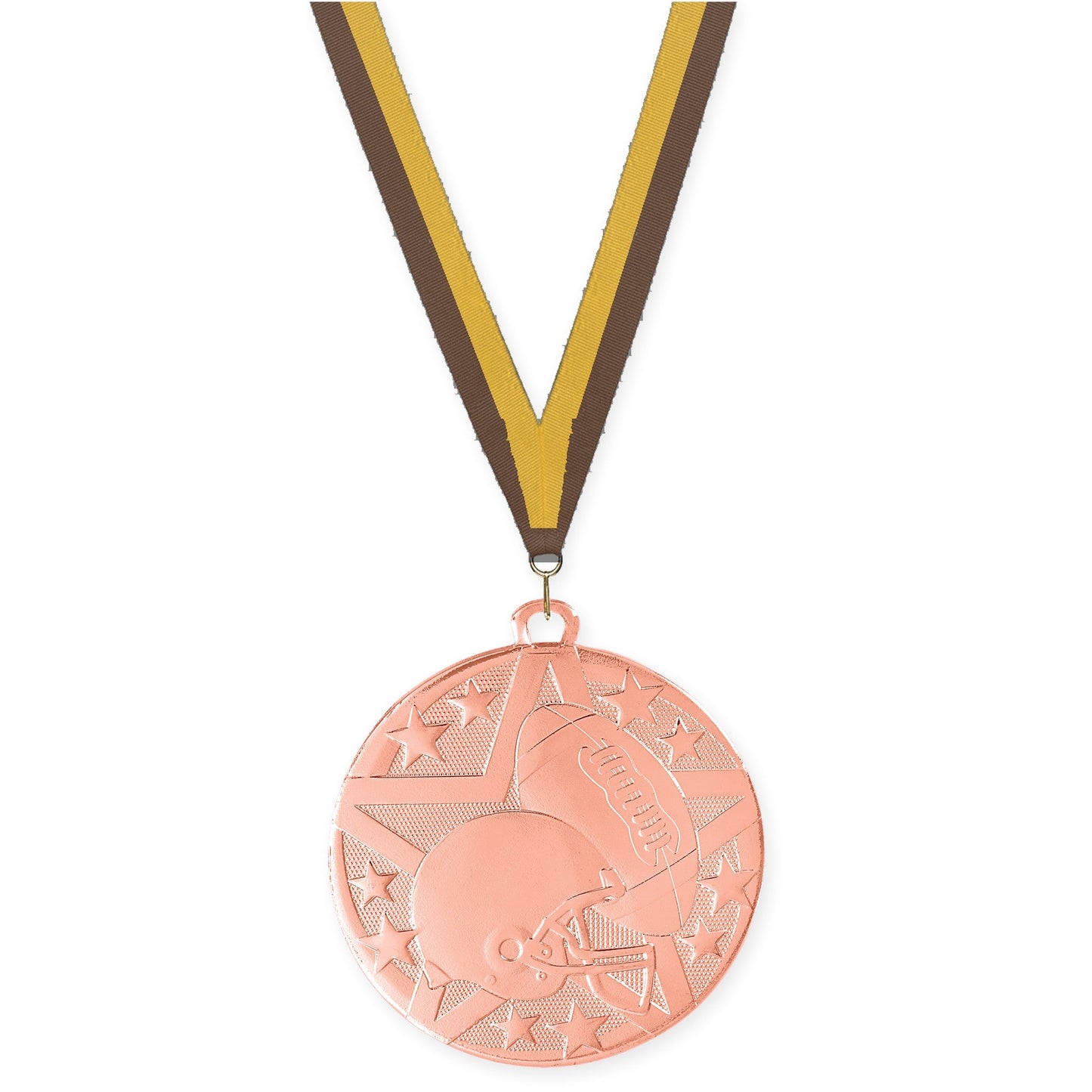 2 inch football Superstar medal in bright bronze with Brown Gold neck ribbon