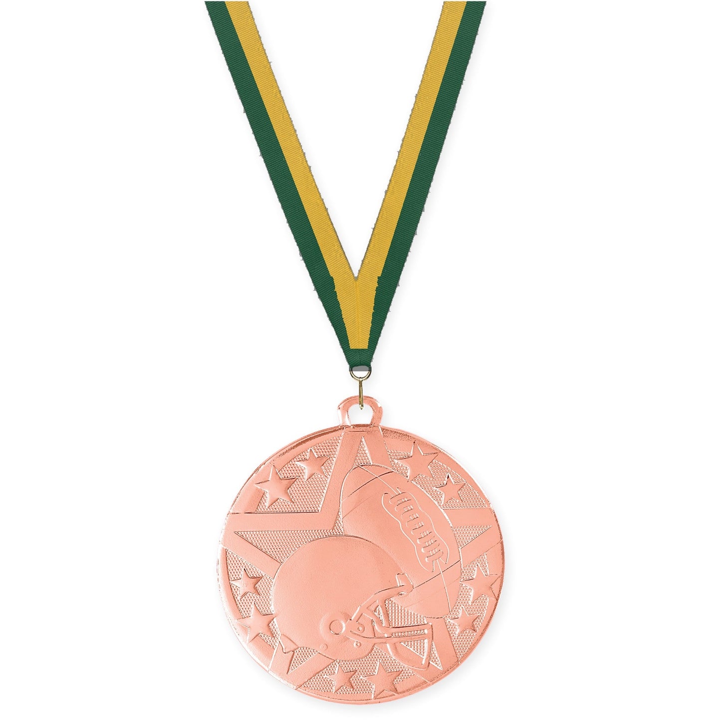 2 inch football Superstar medal in bright bronze with Hunter Green Gold neck ribbon