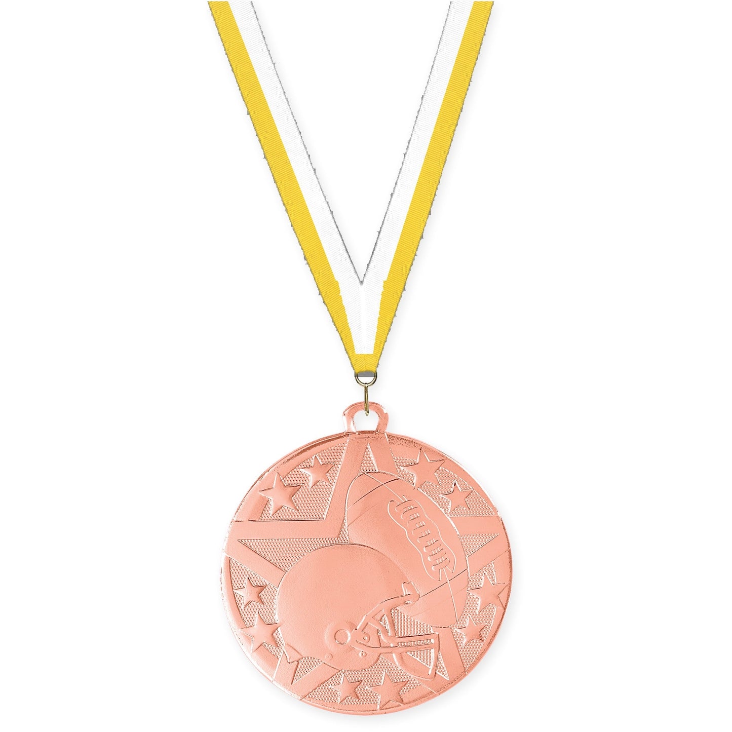 2 inch football Superstar medal in bright bronze with Yellow White neck ribbon
