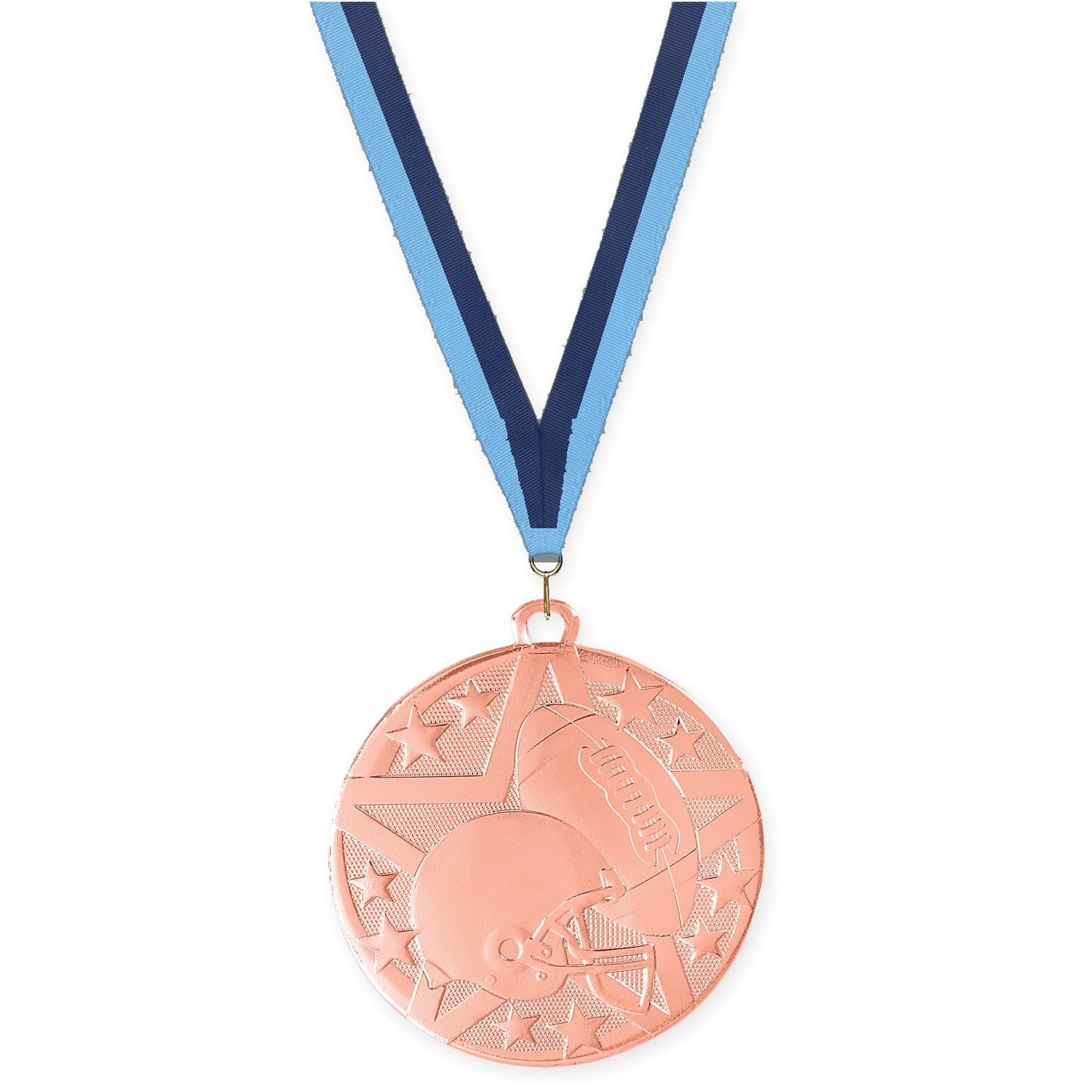 2 inch football Superstar medal in bright bronze with Light Blue Navy neck ribbon