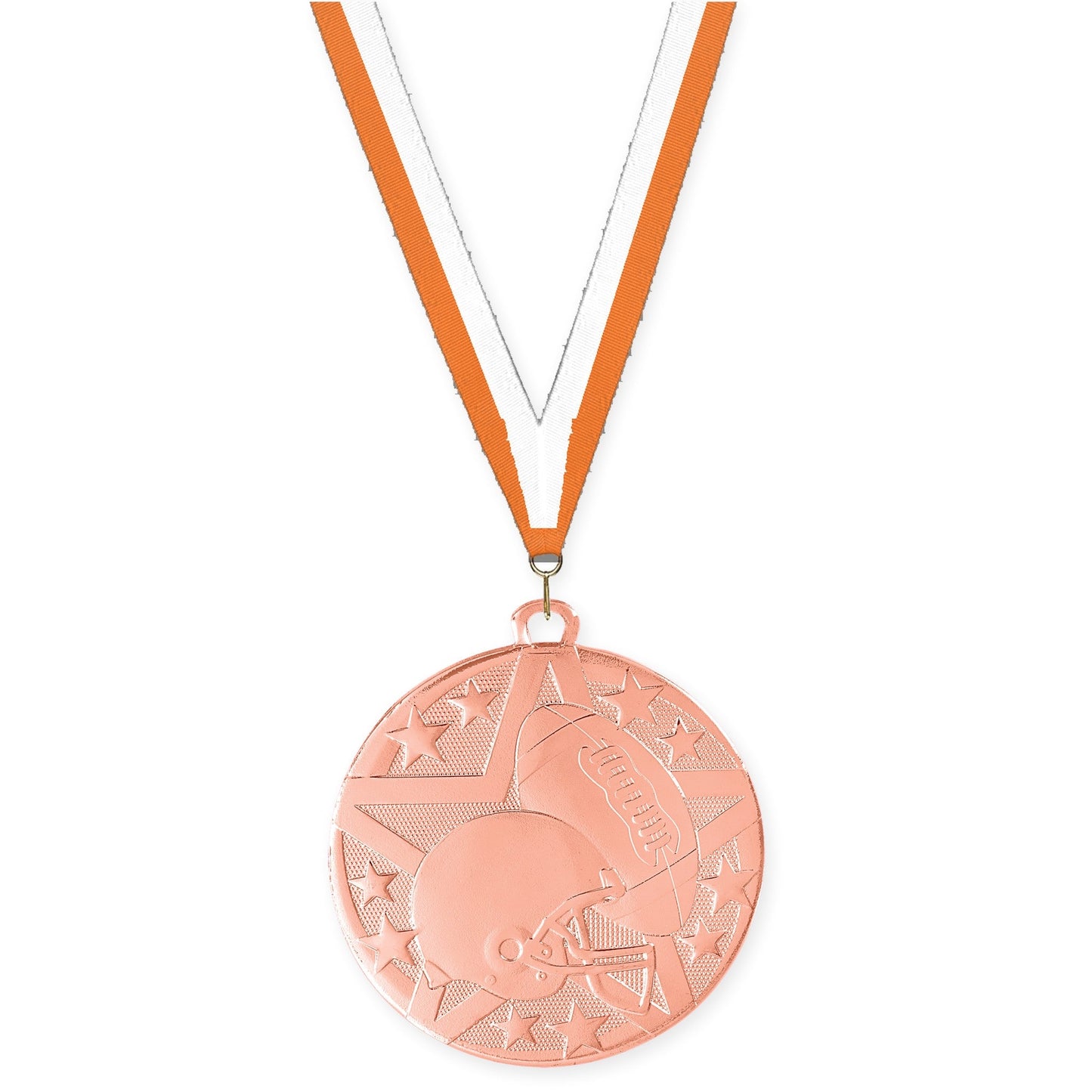 2 inch football Superstar medal in bright bronze with Orange White neck ribbon