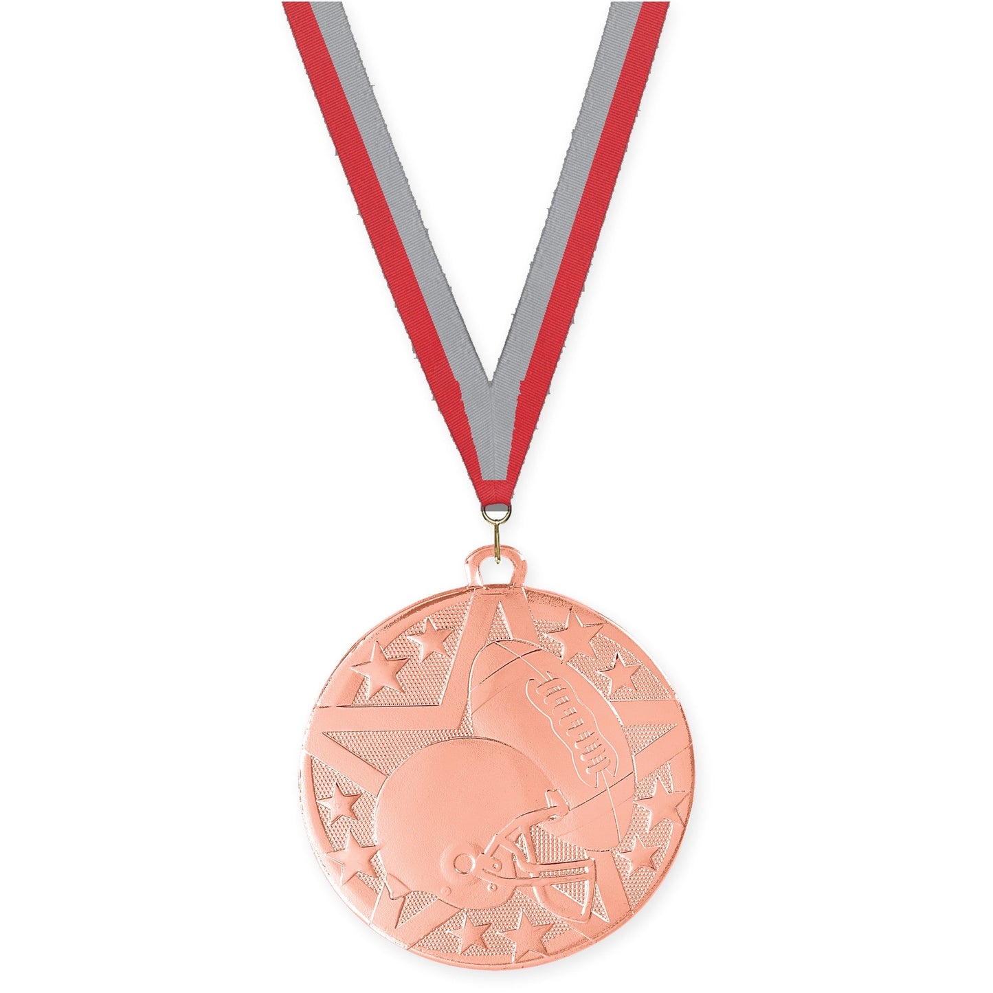 2 inch football Superstar medal in bright bronze with Red Gray neck ribbon