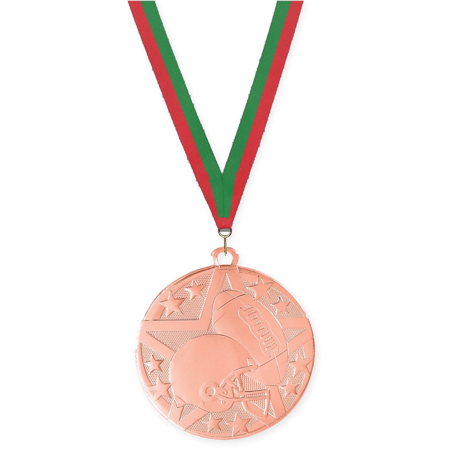2 inch football Superstar medal in bright bronze with Red Green neck ribbon