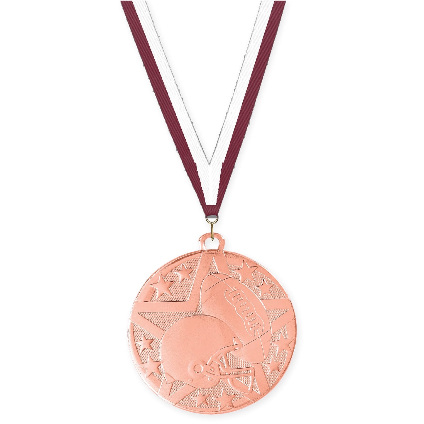 2 inch football Superstar medal in bright bronze with Maroon White neck ribbon
