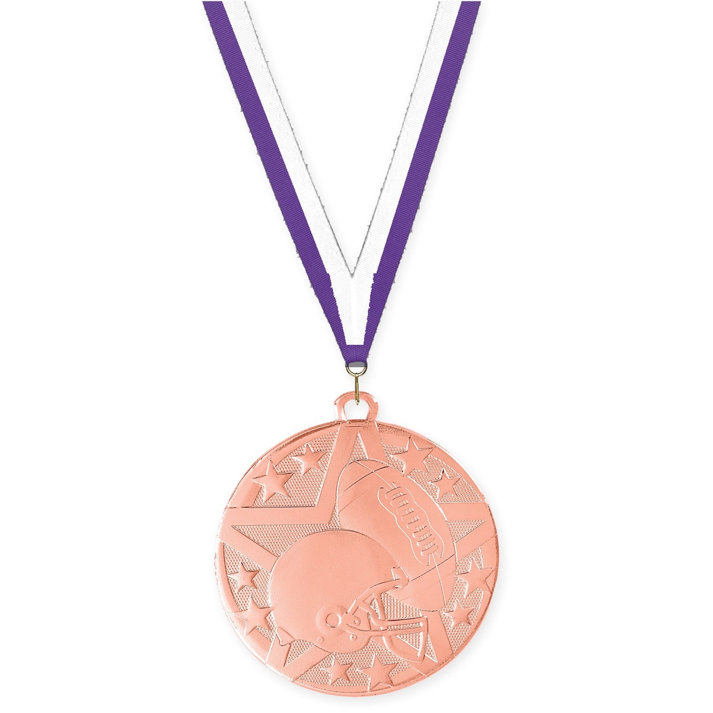 2 inch football Superstar medal in bright bronze with Purple White neck ribbon
