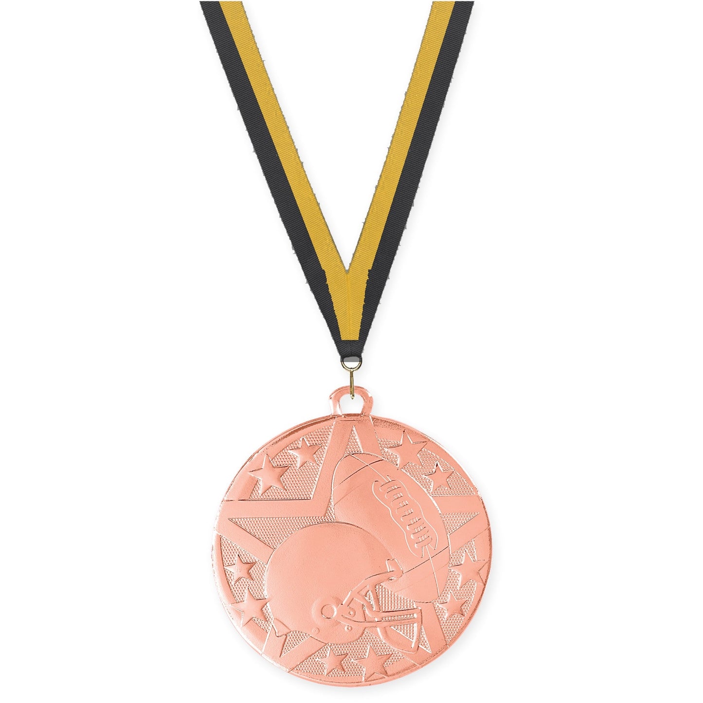 2 inch football Superstar medal in bright bronze with Black Gold neck ribbon