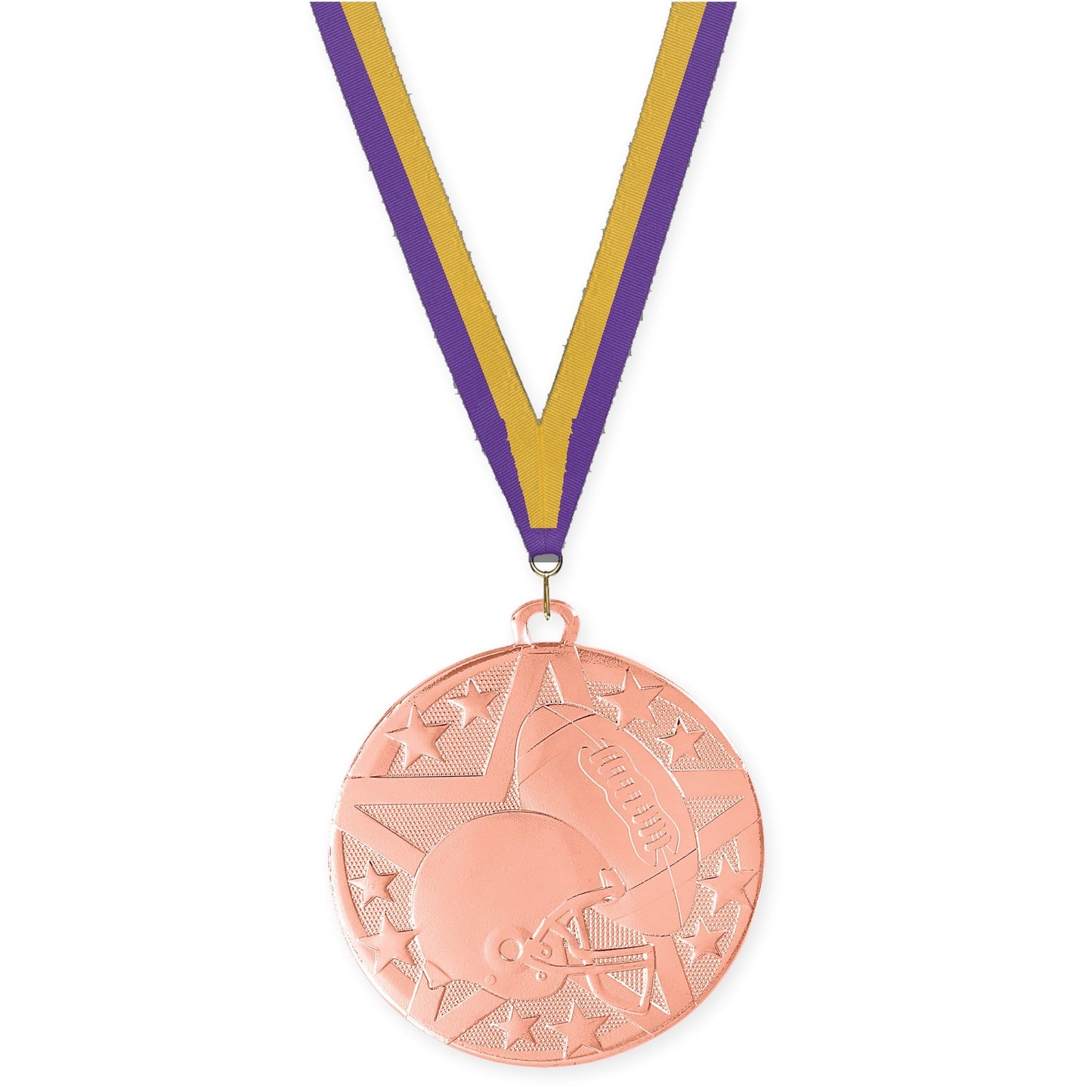2 inch football Superstar medal in bright bronze with Purple Gold neck ribbon