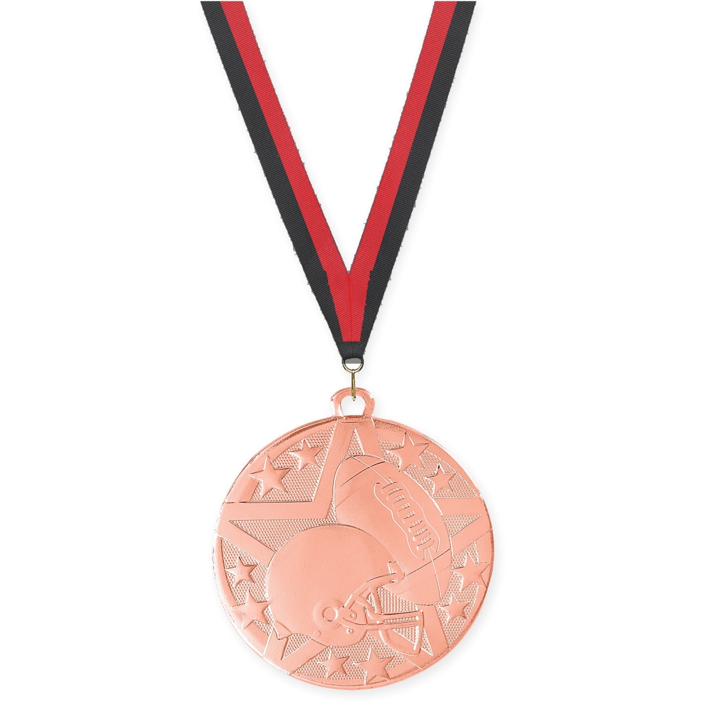 2 inch football Superstar medal in bright bronze with Black Red neck ribbon