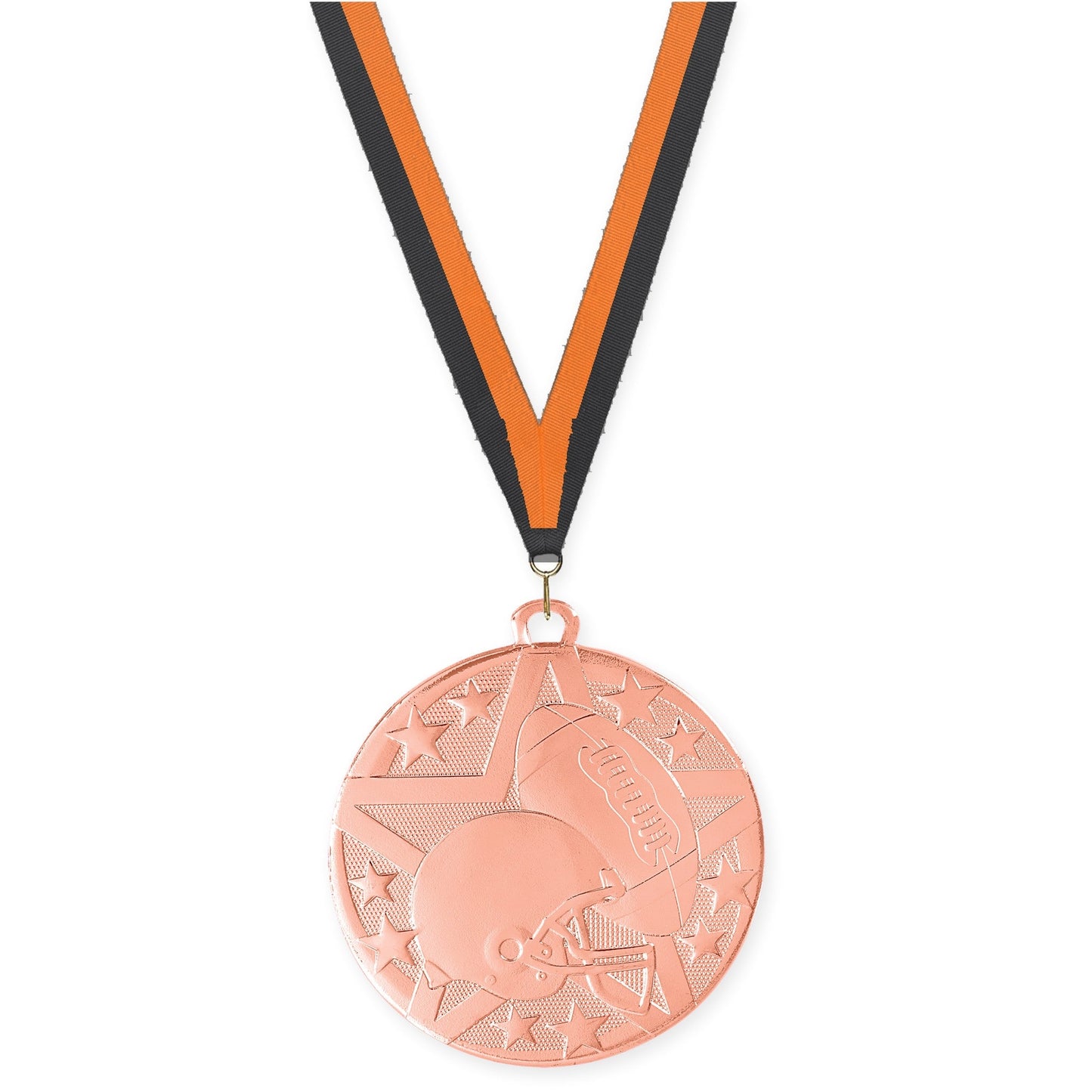2 inch football Superstar medal in bright bronze with Black Orange neck ribbon