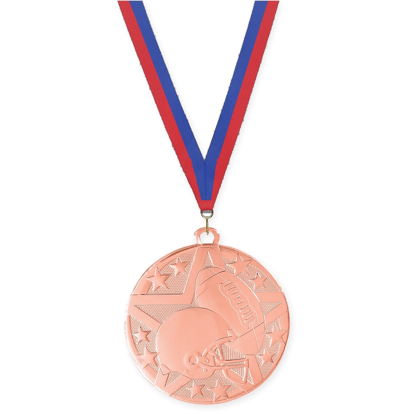 2 inch football Superstar medal in bright bronze with Blue Red neck ribbon