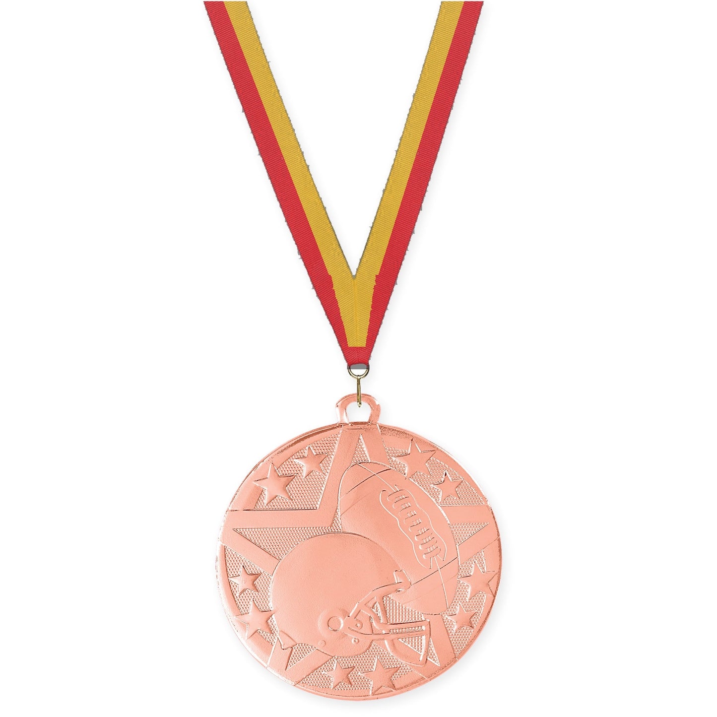 2 inch football Superstar medal in bright bronze with Red Gold neck ribbon