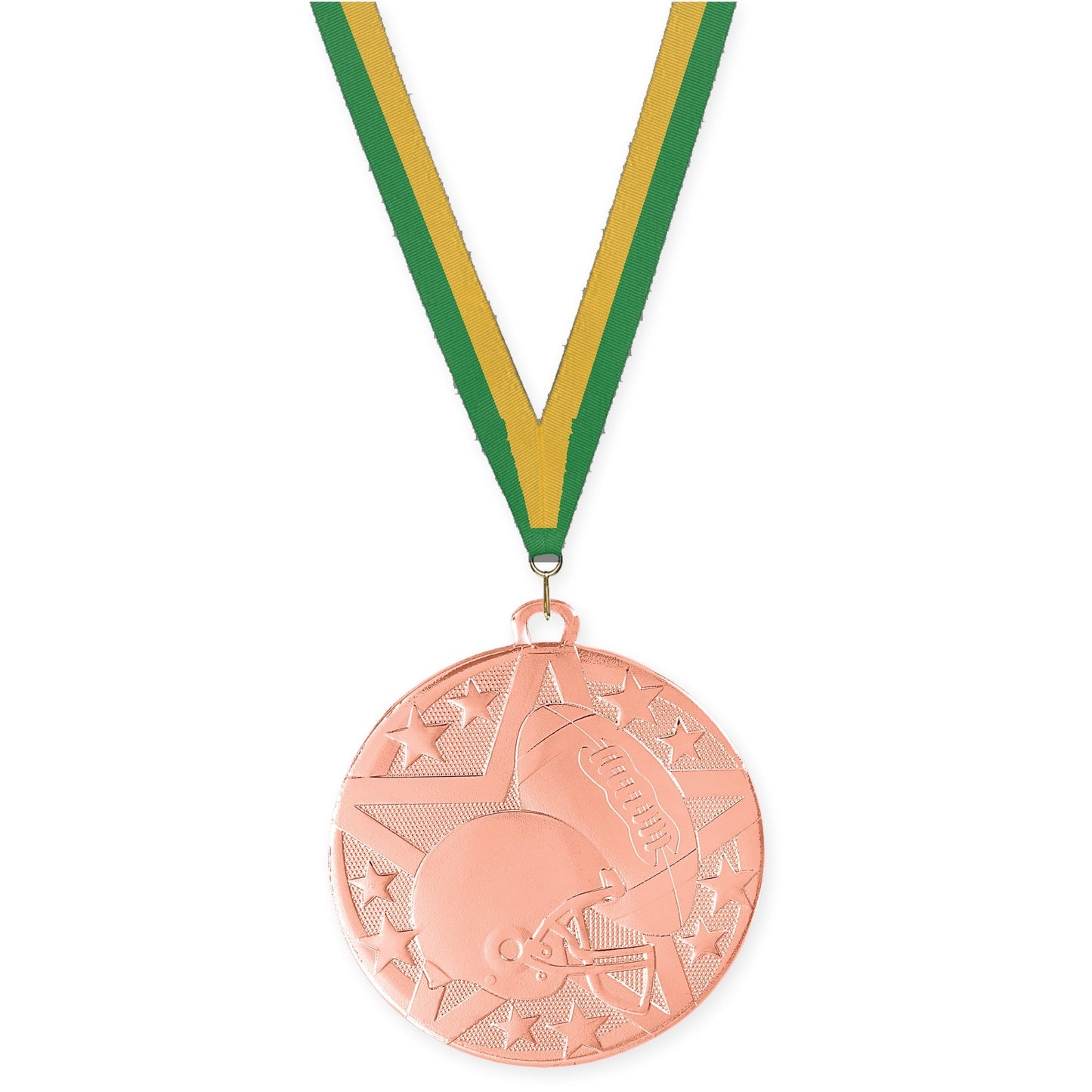 2 inch football Superstar medal in bright bronze with Green Gold neck ribbon