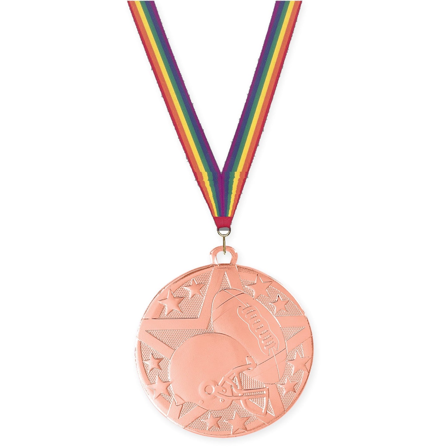2 inch football Superstar medal in bright bronze with Rainbow neck ribbon