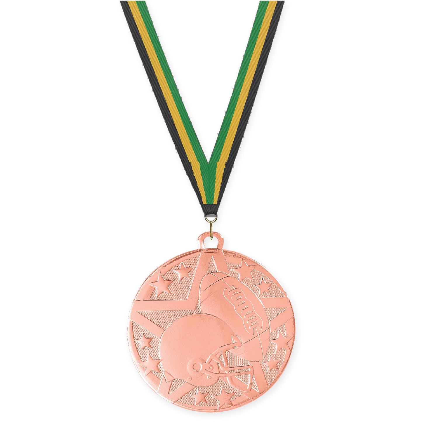 2 inch football Superstar medal in bright bronze with Black Gold Green neck ribbon