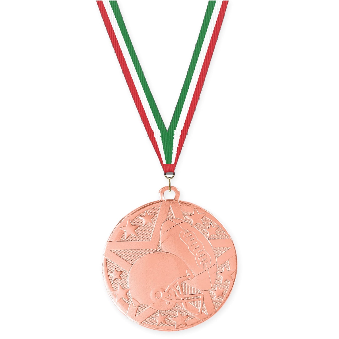 2 inch football Superstar medal in bright bronze with Red White Green neck ribbon