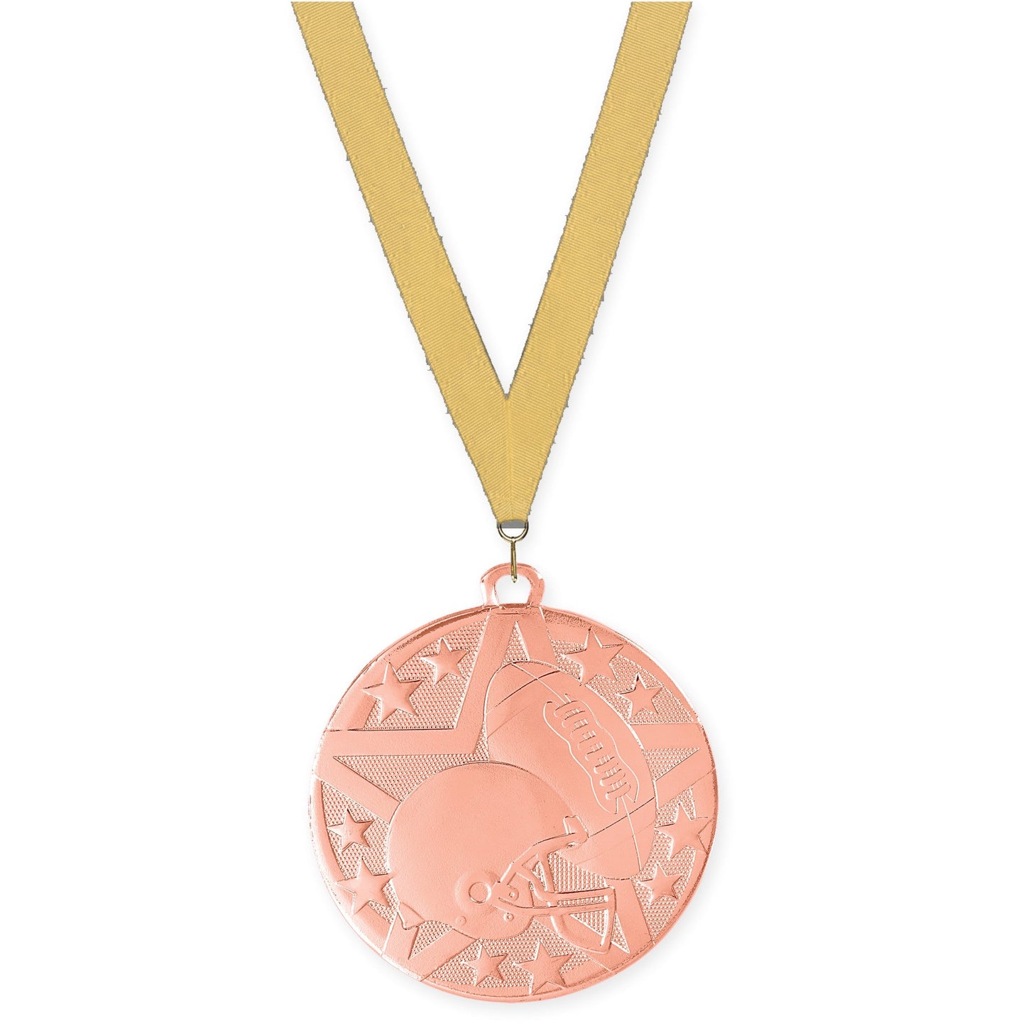 2 inch football Superstar medal in bright bronze with Gold Metallic neck ribbon