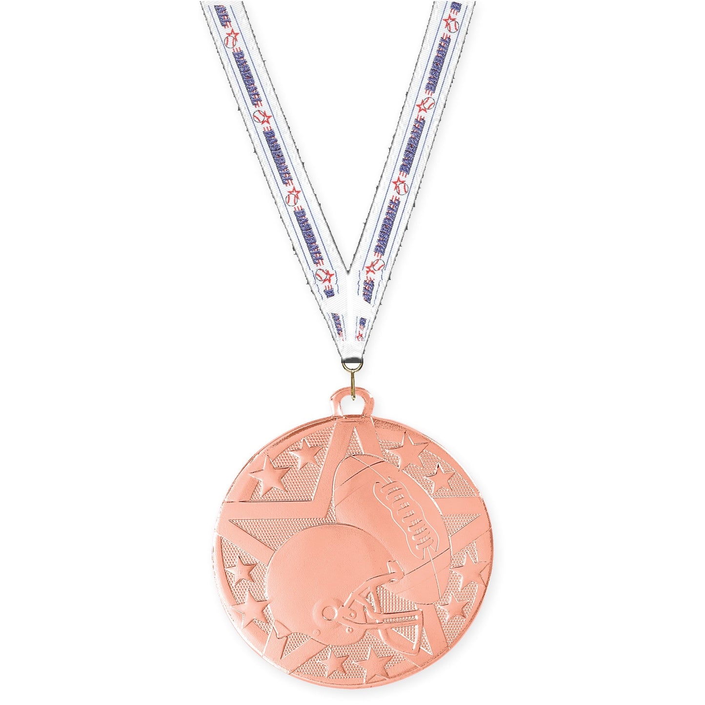 2 inch football Superstar medal in bright bronze with Baseball neck ribbon