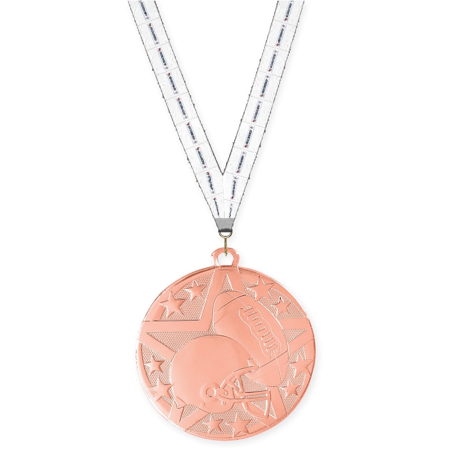 2 inch football Superstar medal in bright bronze with Gymnastics neck ribbon