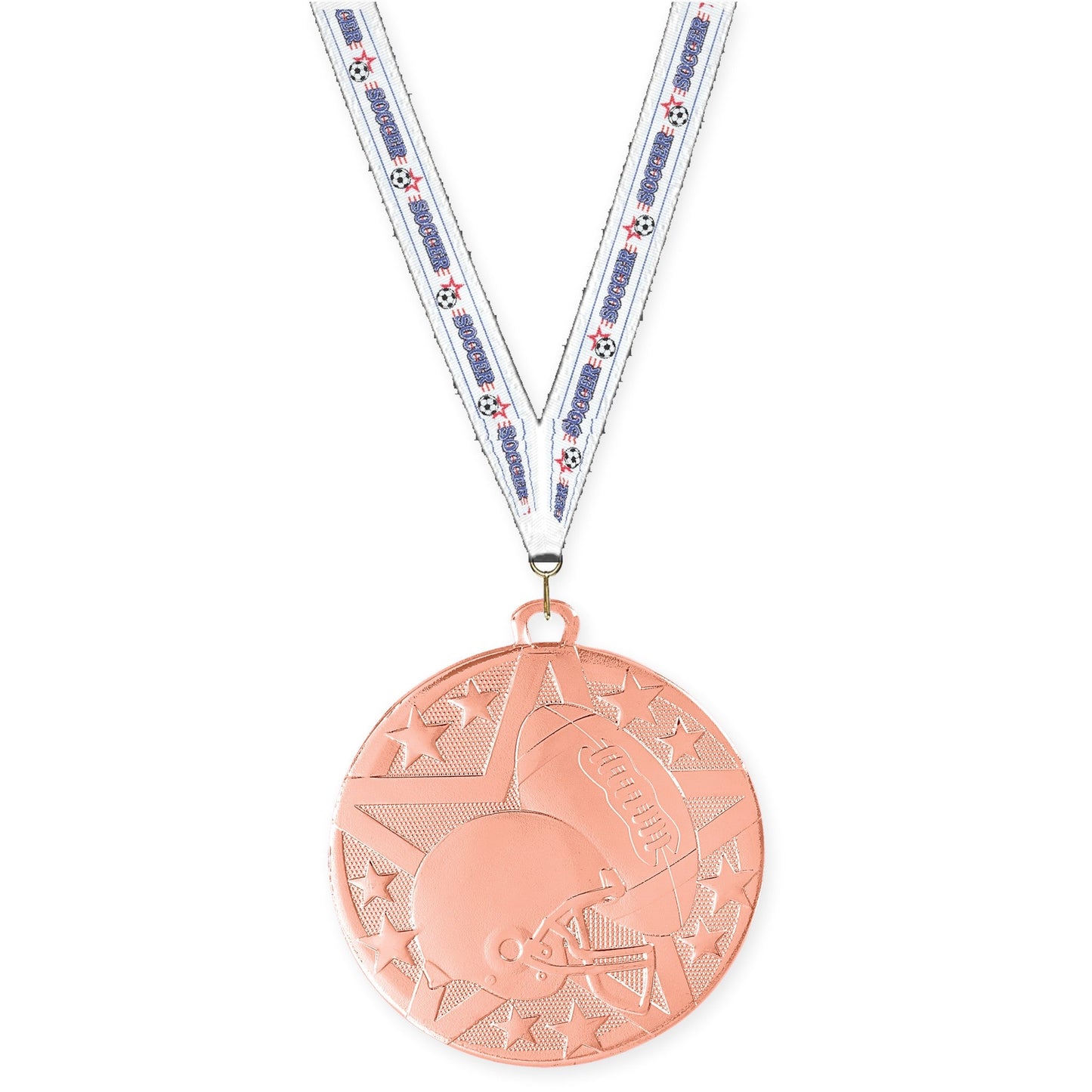 2 inch football Superstar medal in bright bronze with Soccer neck ribbon