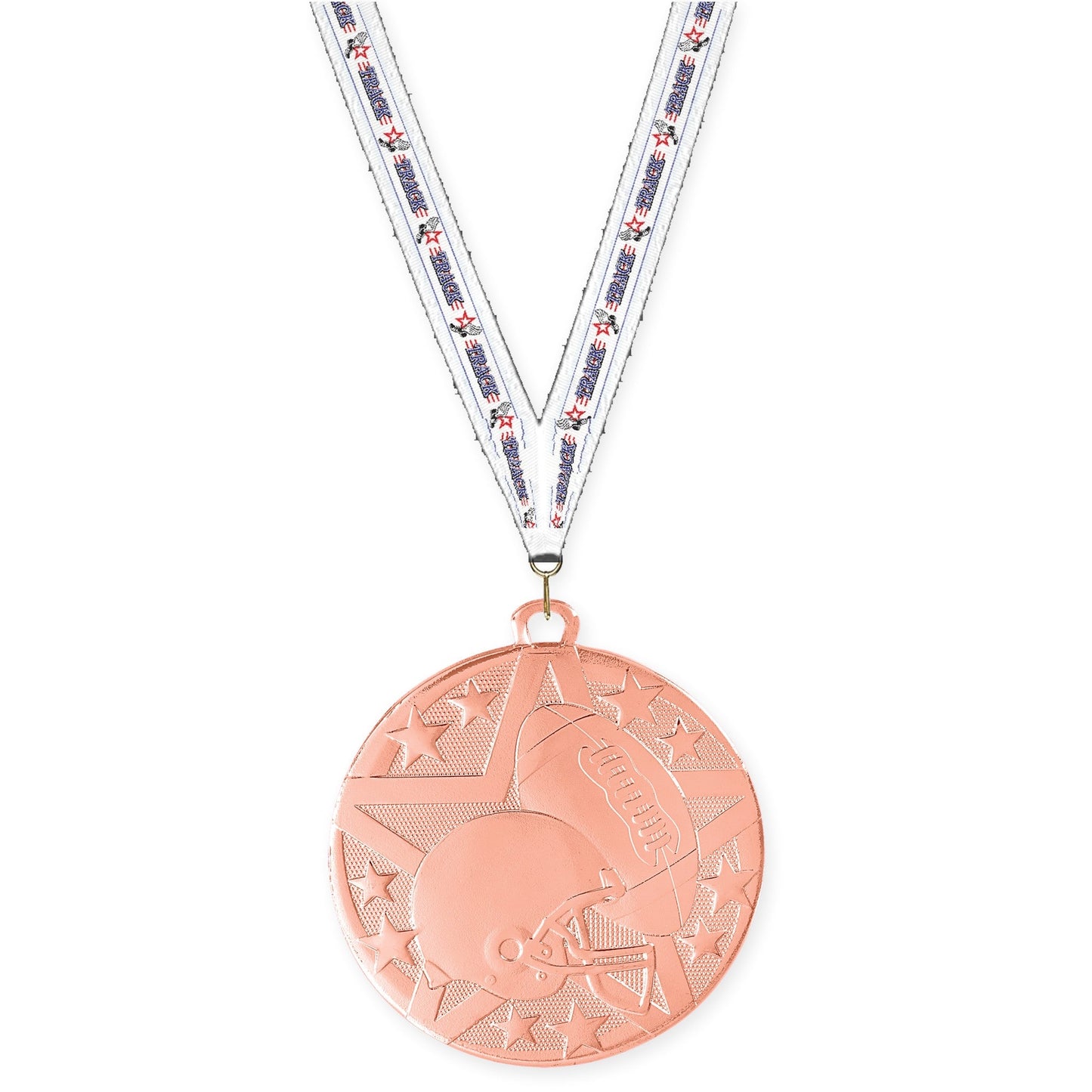 2 inch football Superstar medal in bright bronze with Track neck ribbon