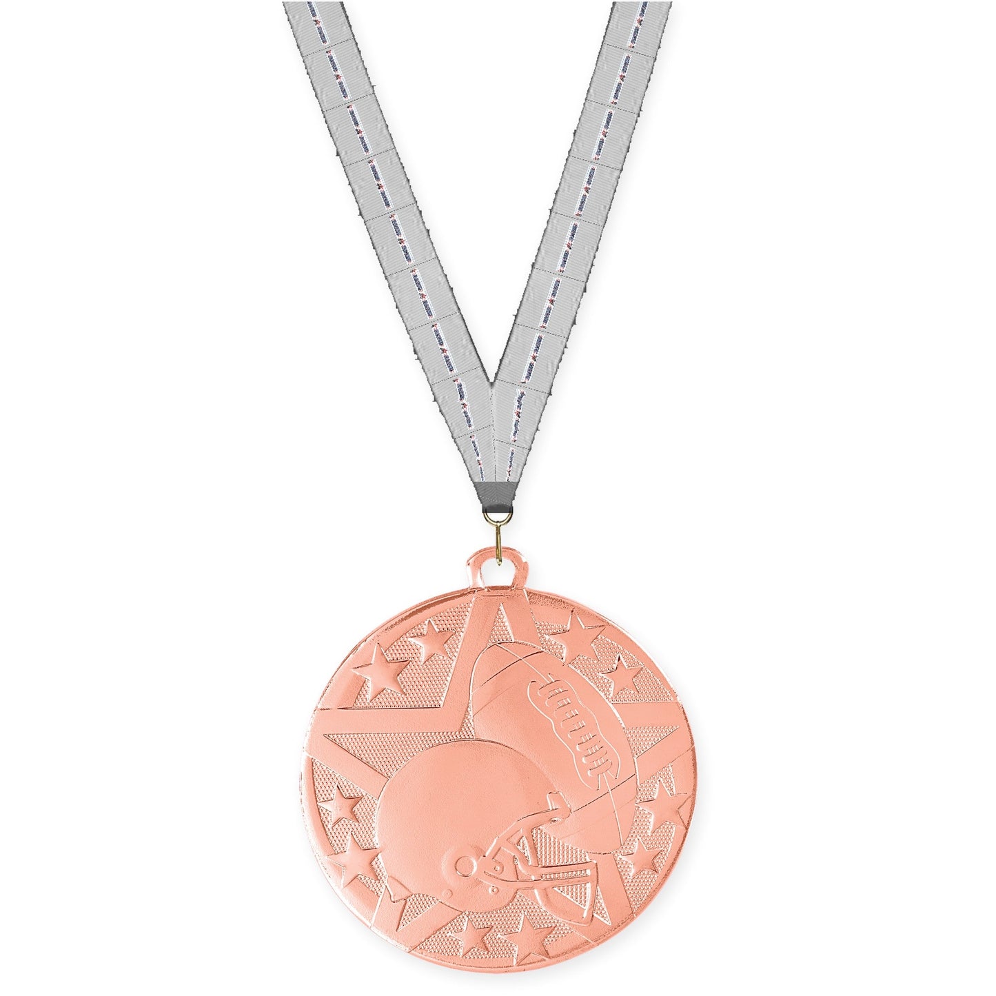 2 inch football Superstar medal in bright bronze with Auto Racing neck ribbon